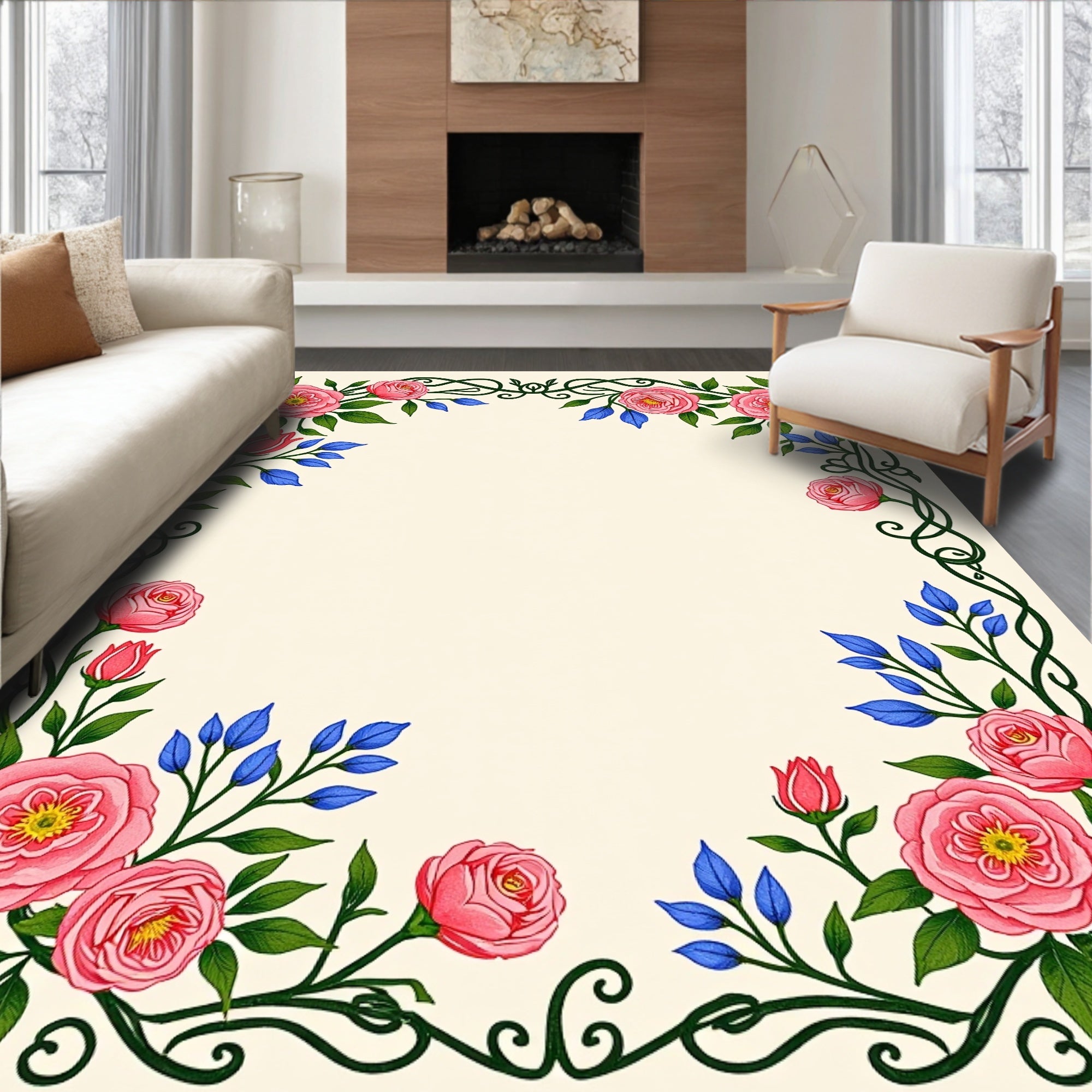 Elegant Pink Rose Vine Pattern Rug