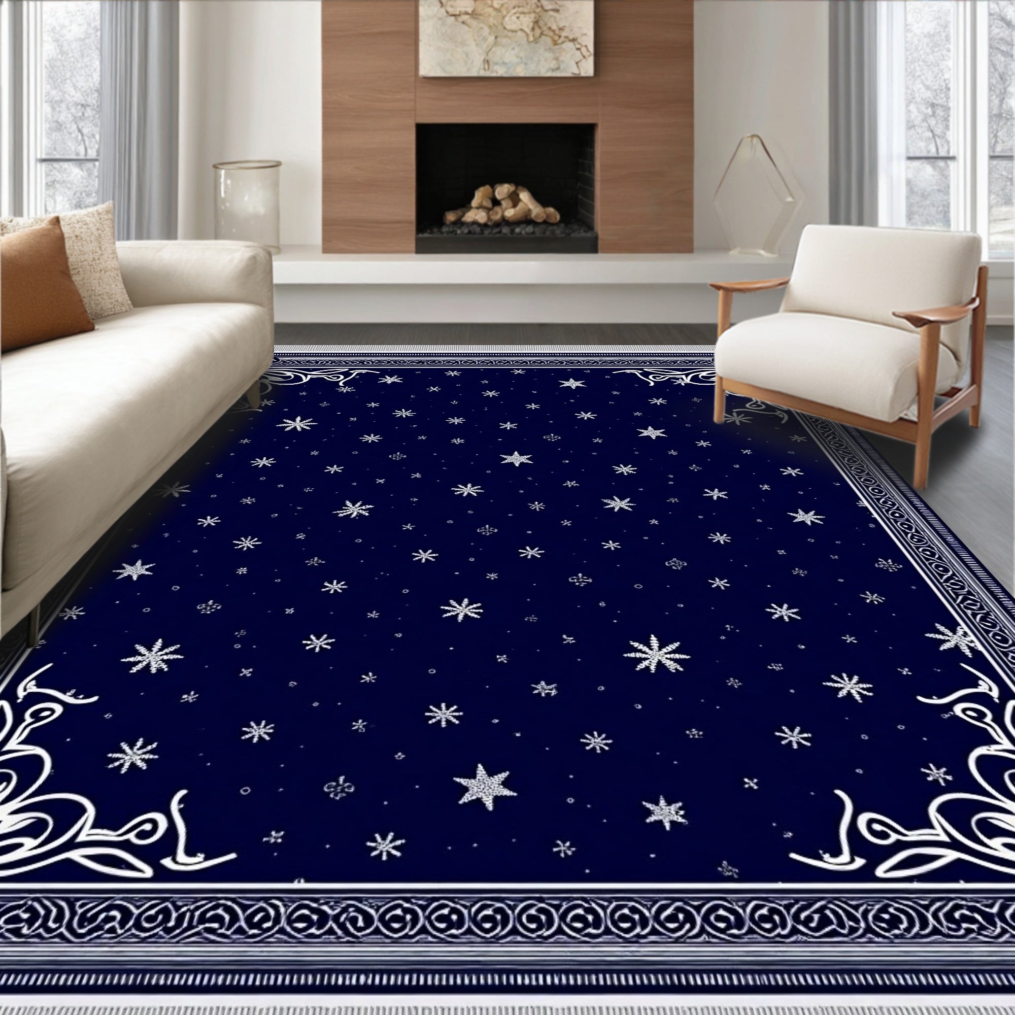 Deep Blue Starry Night Snowfall Rug