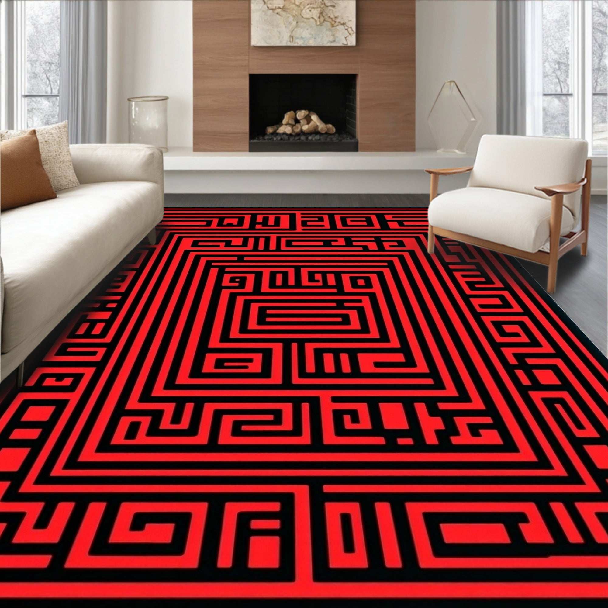 Bold Red Black Geometric Maze Pattern Rug