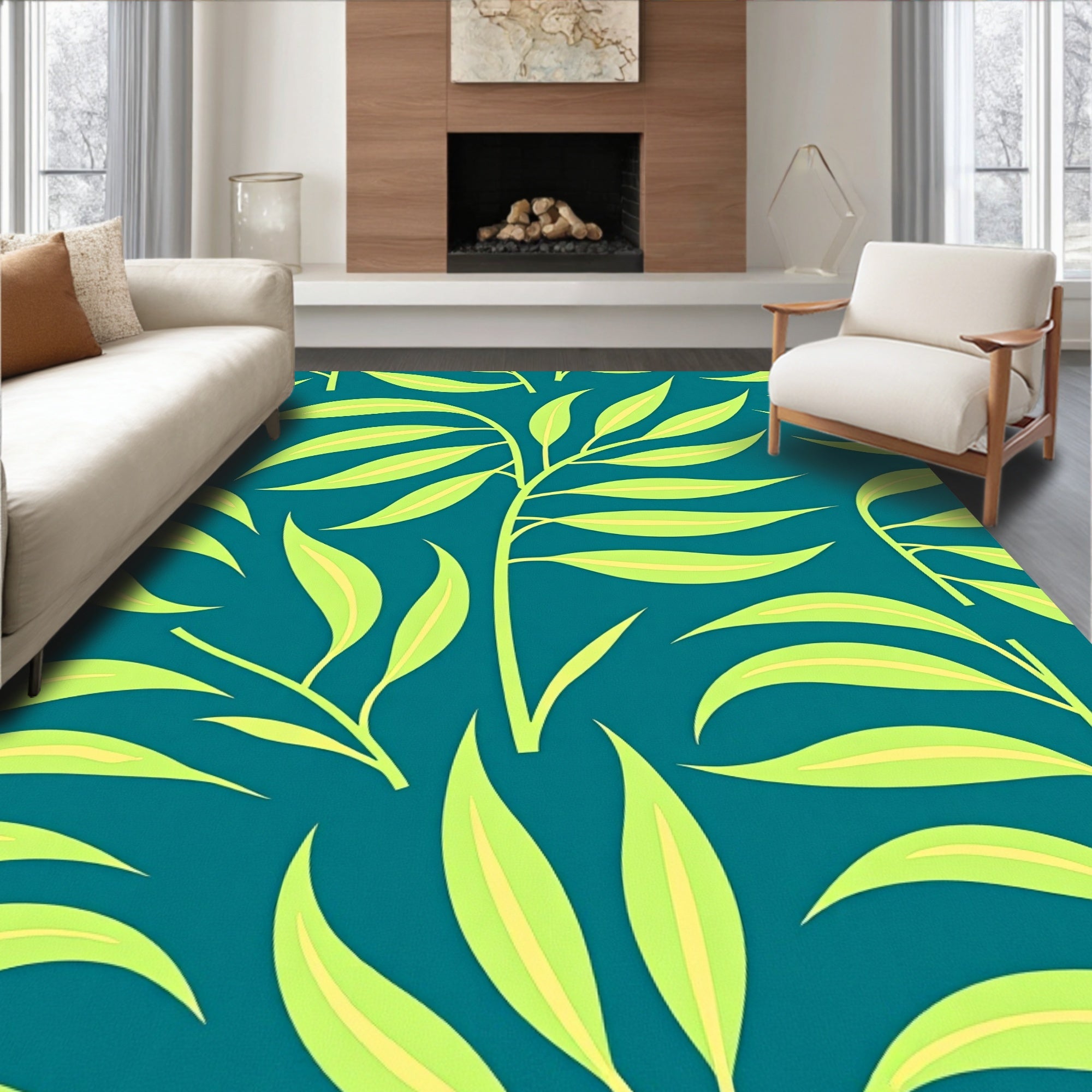 Teal Leaf Patterned Tropical Style Rug