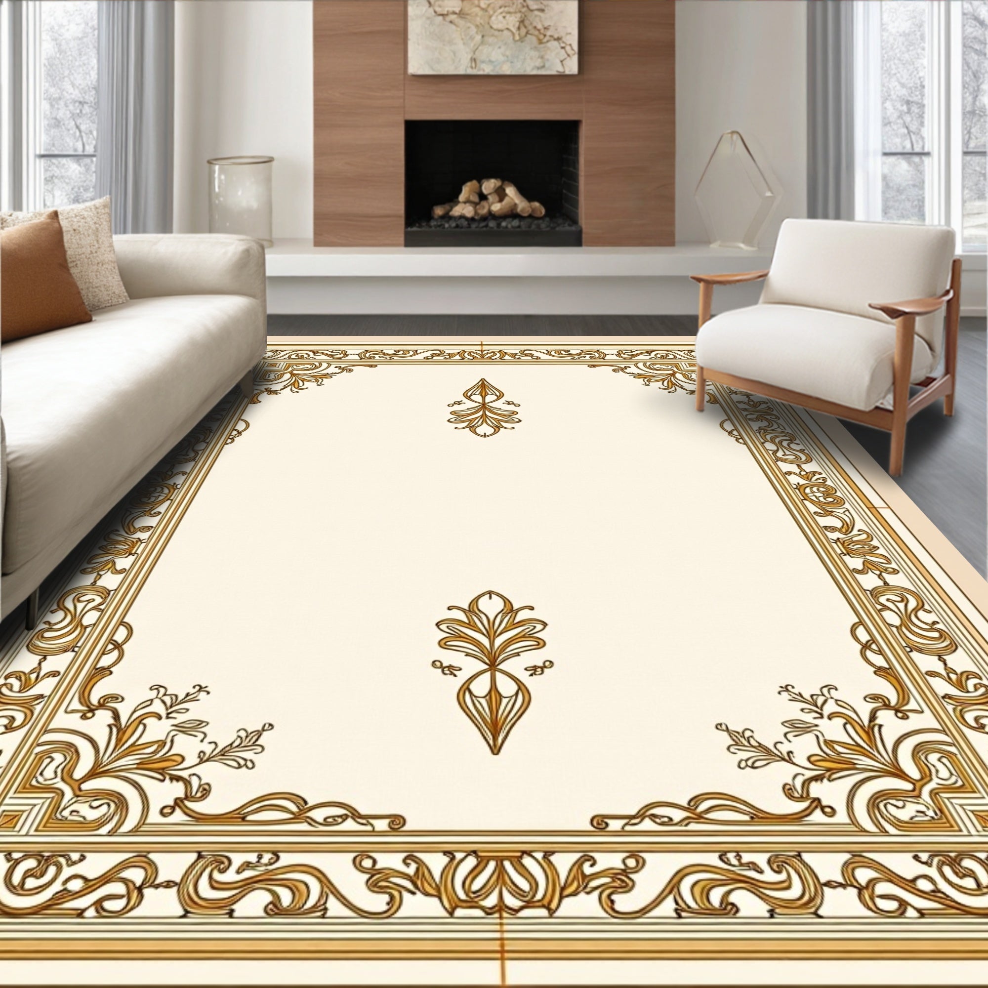 Ornate Scrollwork Cream Gold Frame Rug