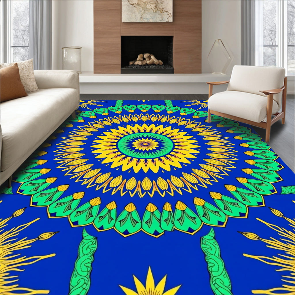 Vibrant Symmetrical Sunburst Mandala Design Rug