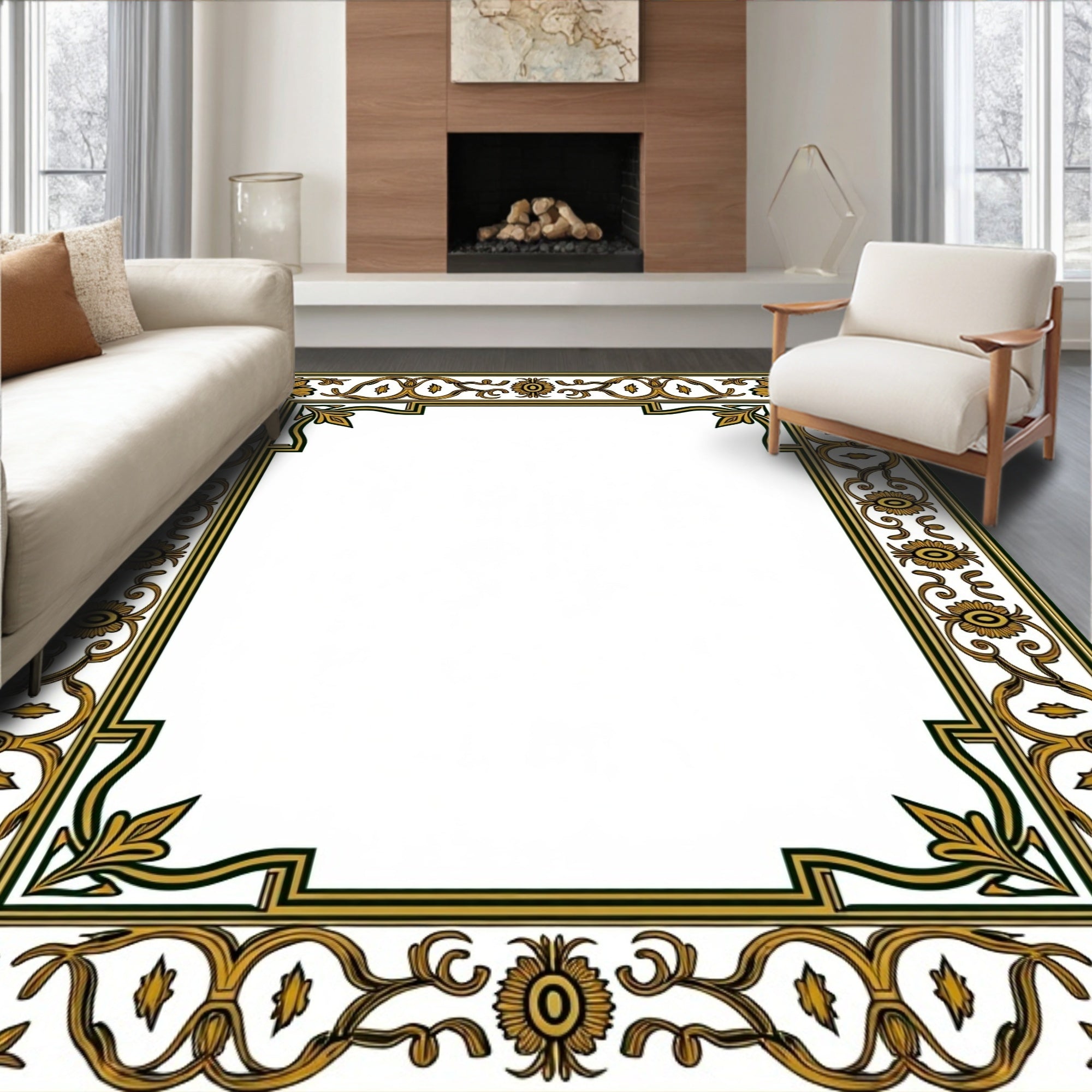 Golden Floral Bordered Artwork Rug