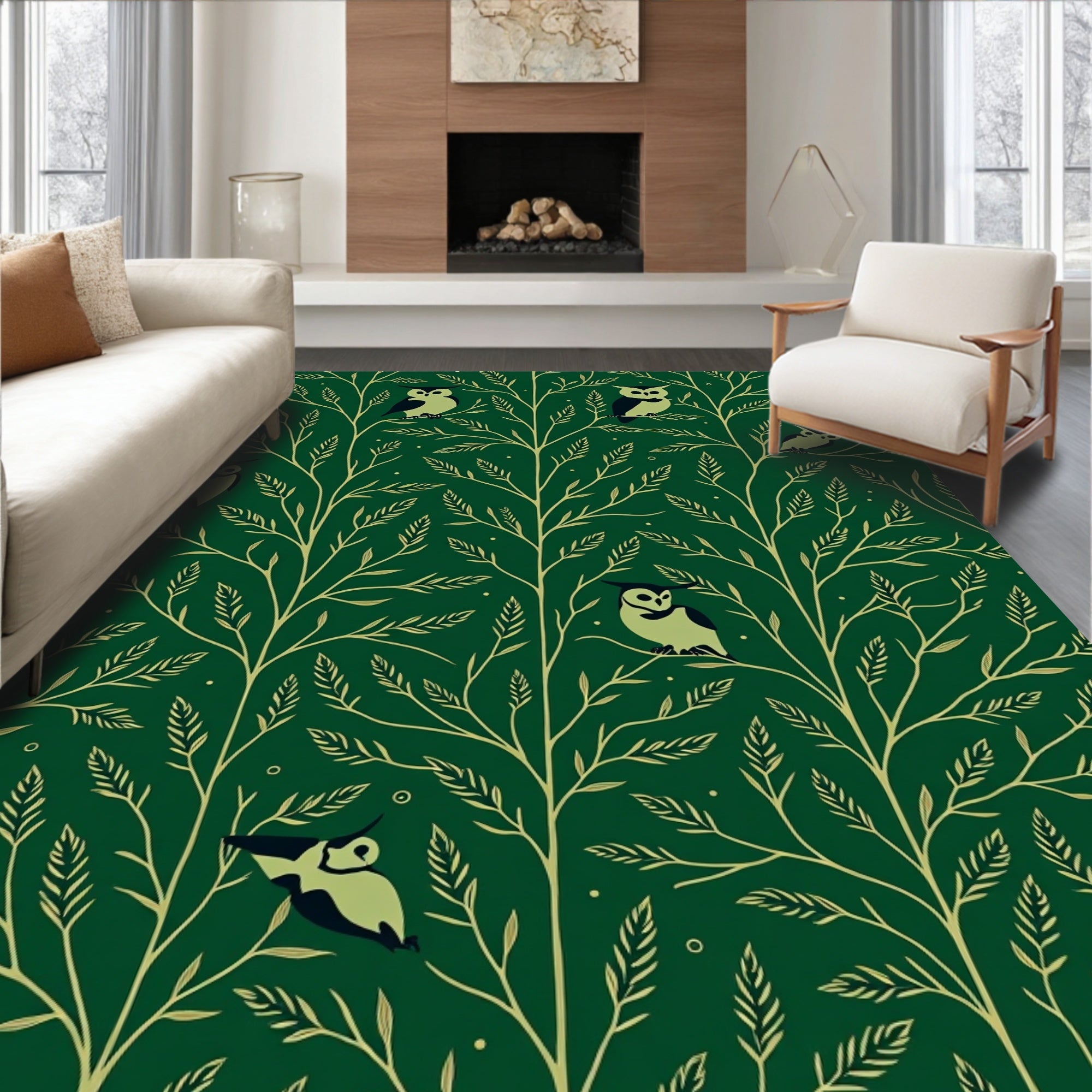 Forest Owl Branch Pattern Design Rug