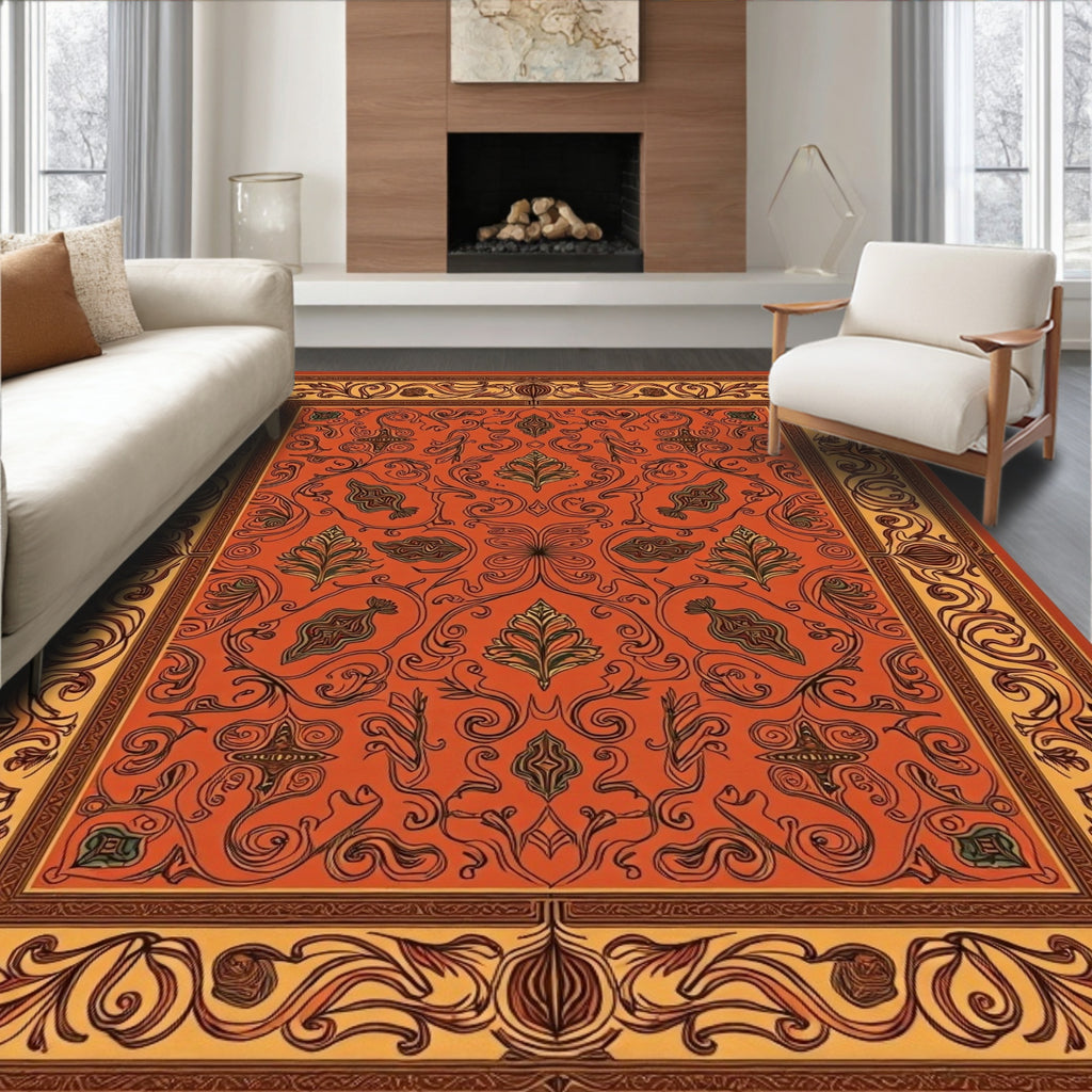 Intricate Floral Border With Deep Orange Tone Rug