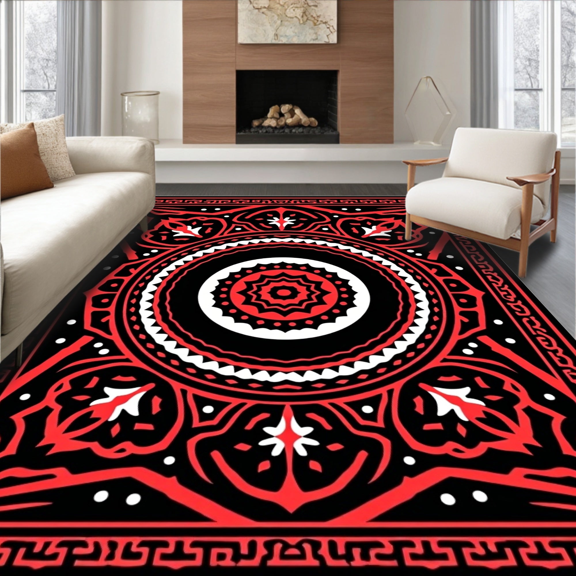 Bold Red Floral Mandala Pattern Rug