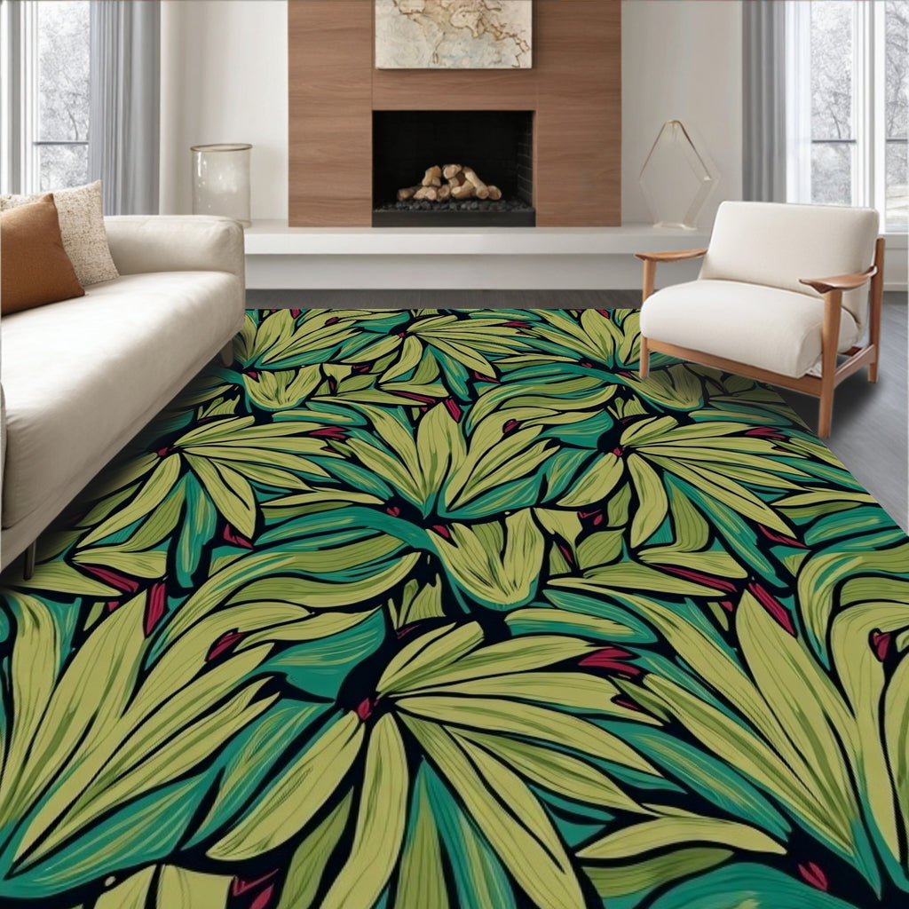 Lush Green Leafy Floral Art Rug
