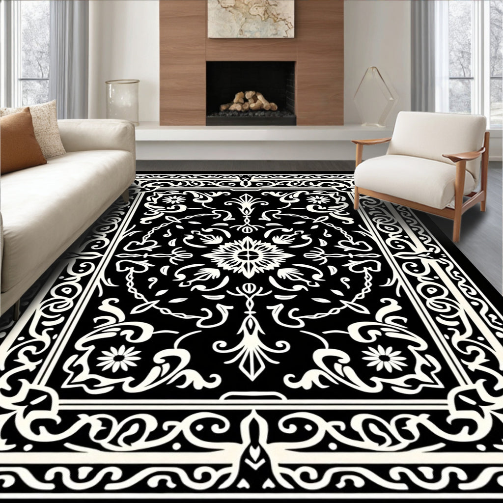Intricate Black White Floral Motif Rug