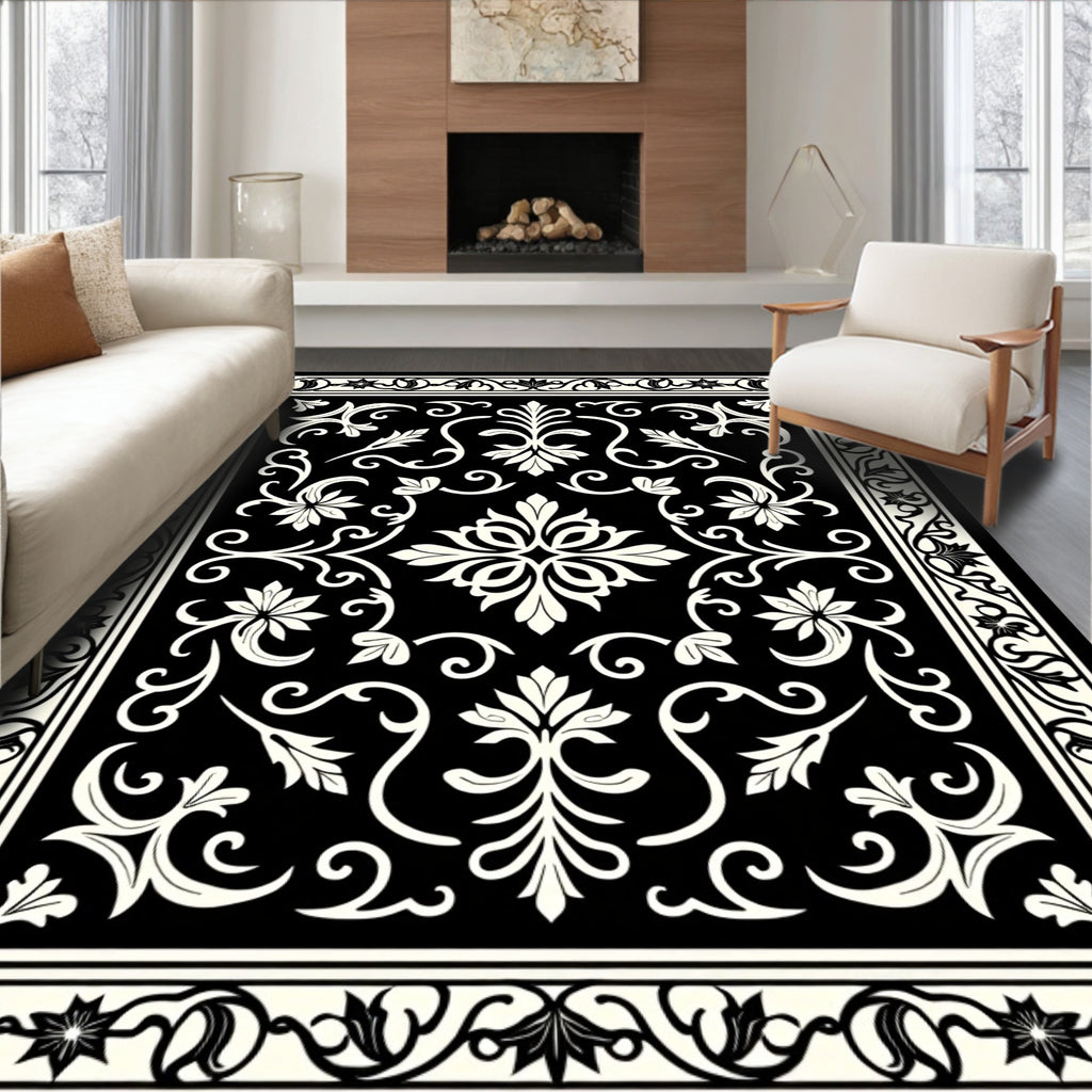 Classic Floral Scrollwork Black White Rug