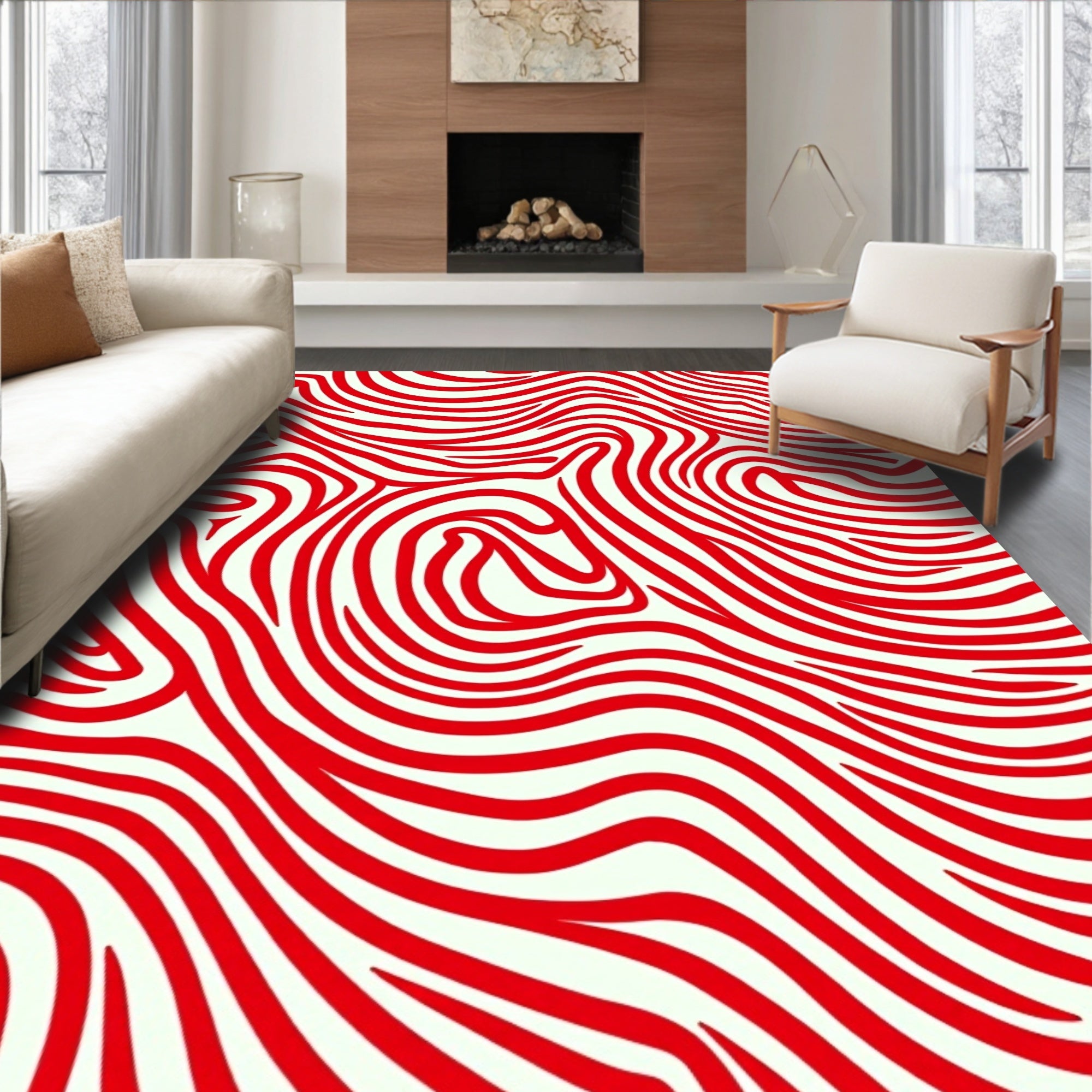 Abstract Red Striped Wavy Pattern Rug