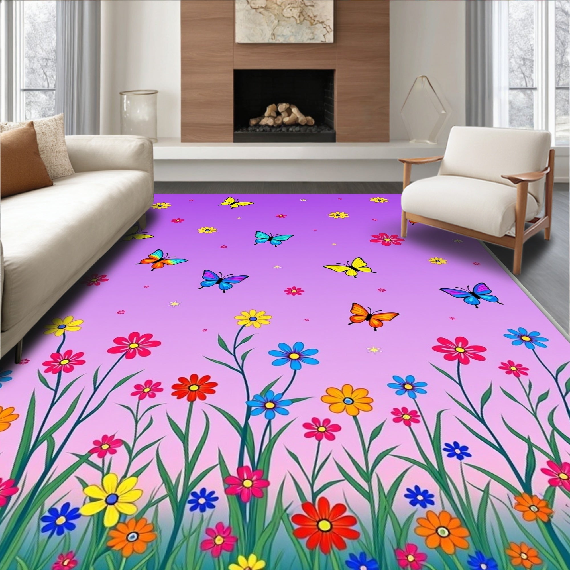 Vibrant Butterflies Flowers Garden Rug