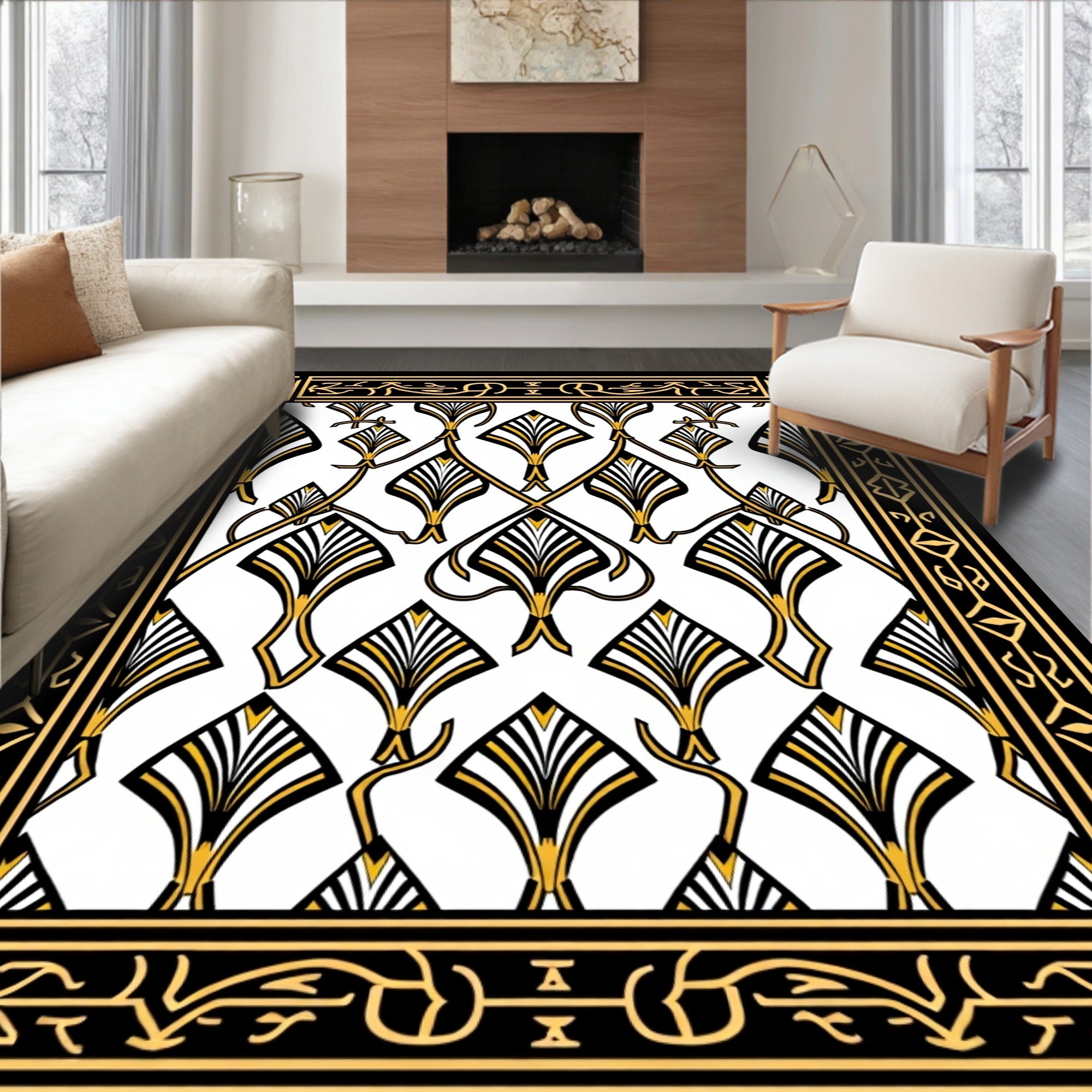 Art Deco Black Gold Geometric Pattern Rug