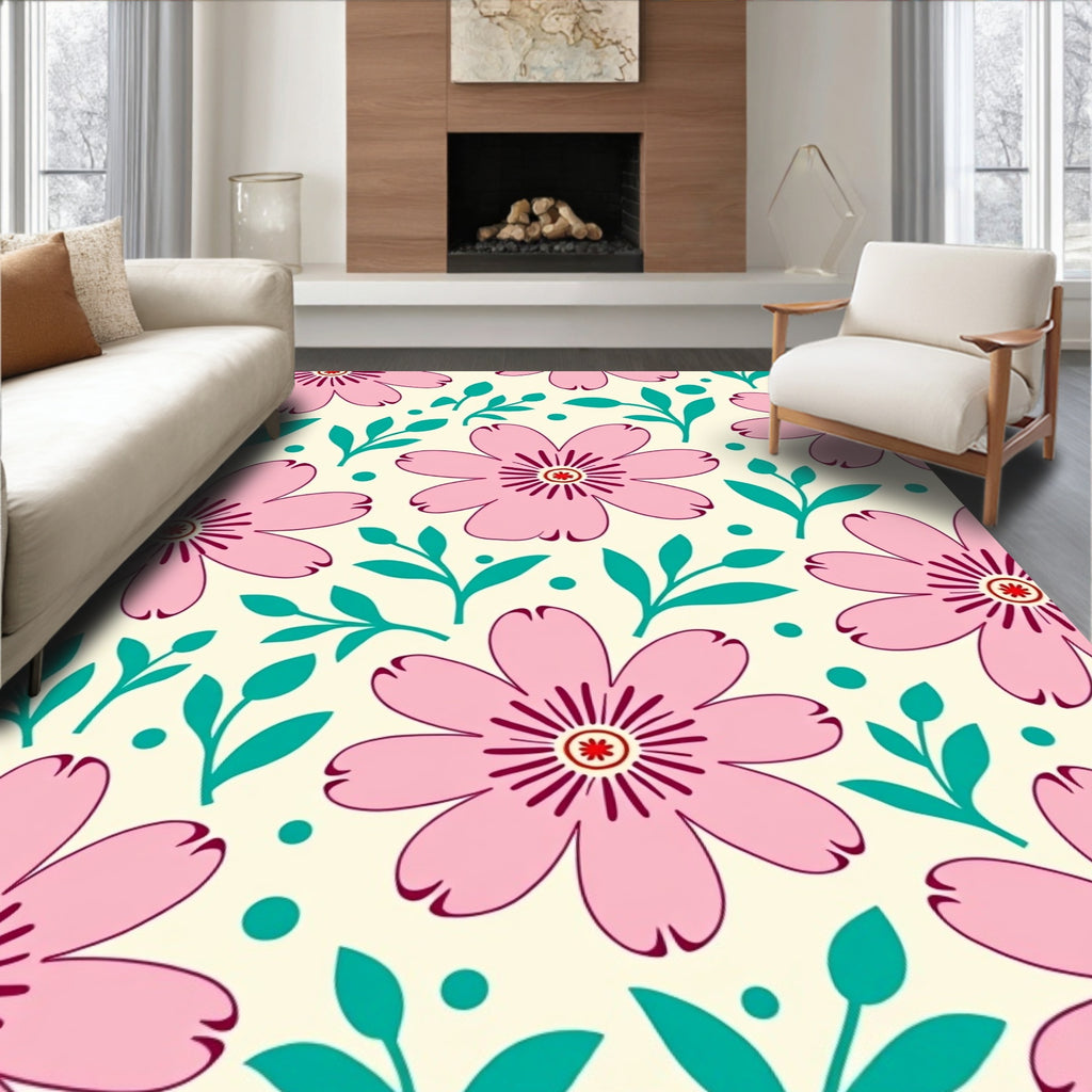 Pink Flower Leaf Pattern Rug