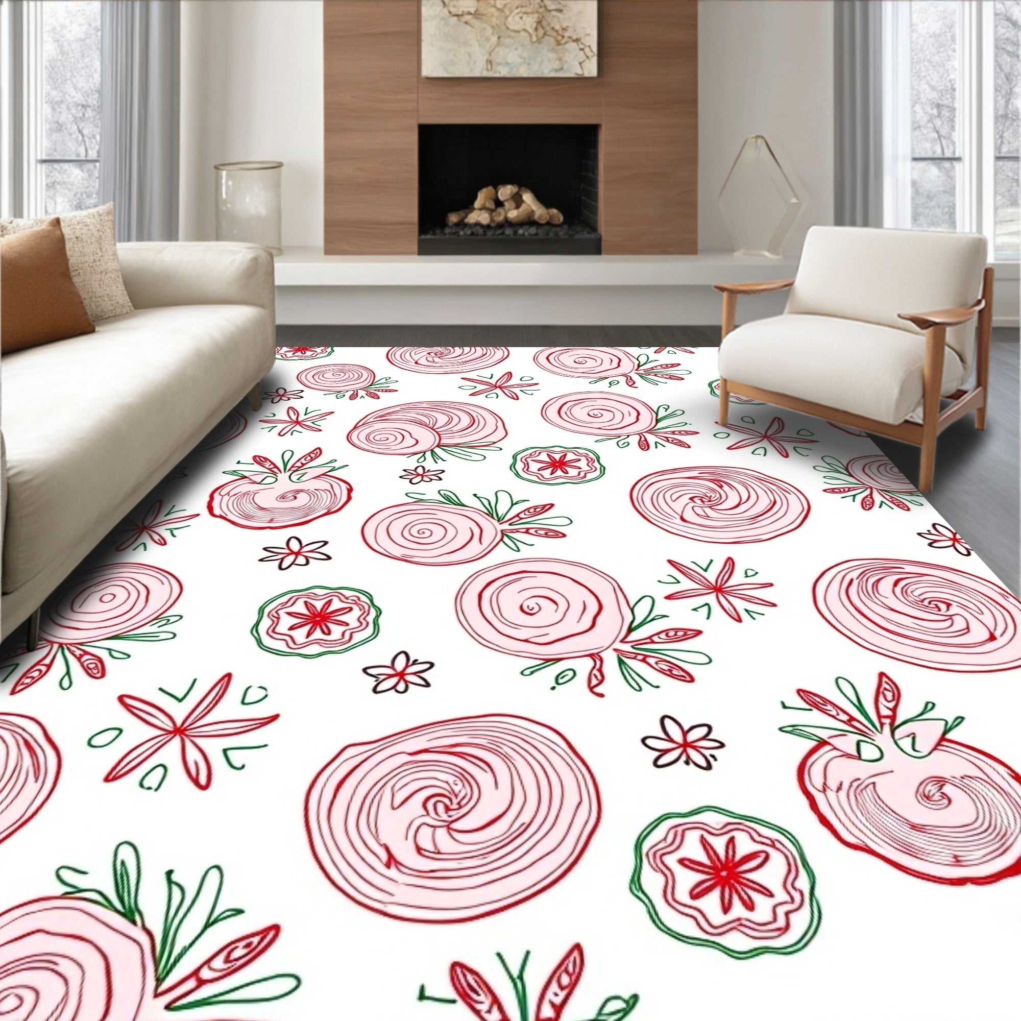Whimsical Red Floral Swirl Rug