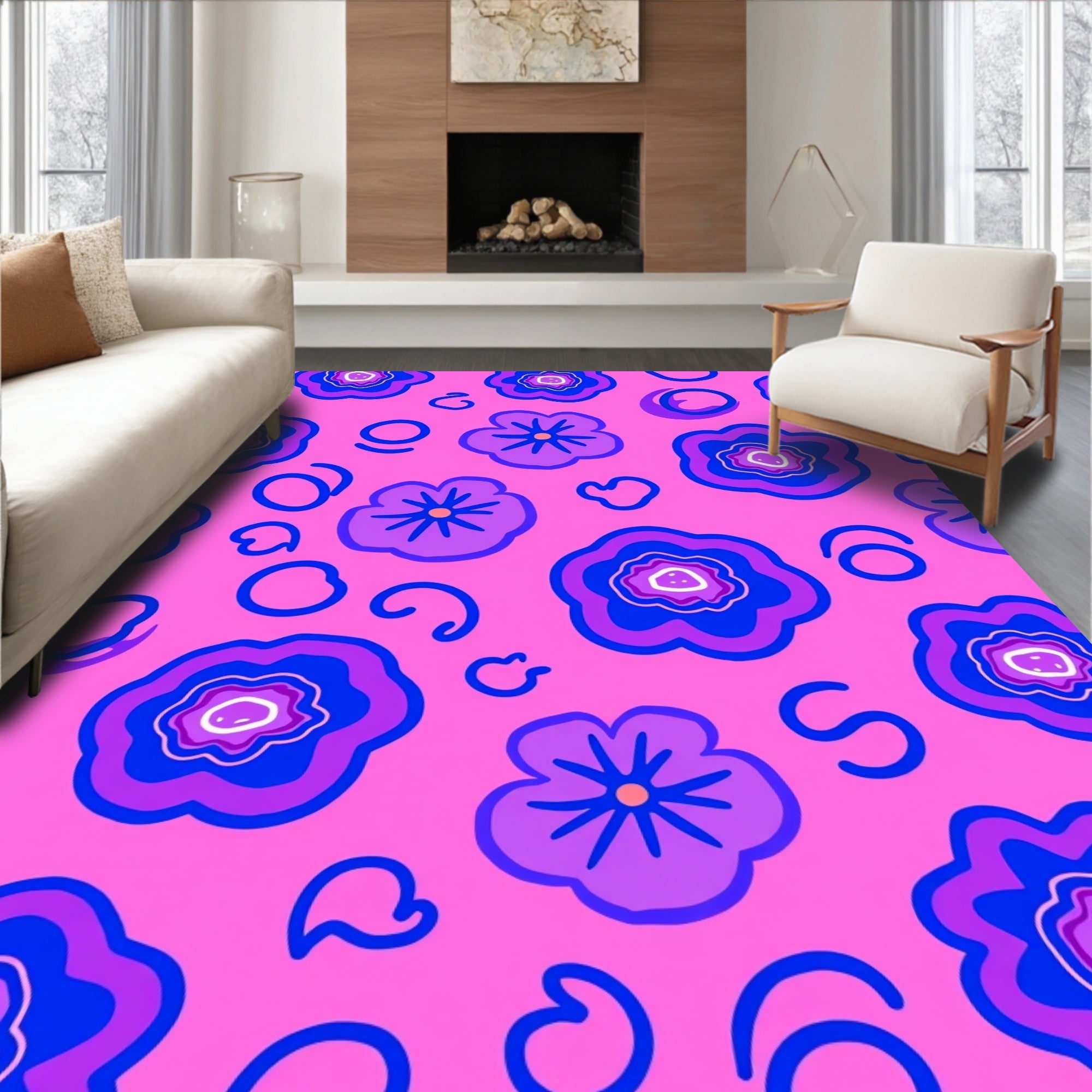 Vibrant Fuchsia Abstract Floral Swirls Rug