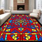 Bold Red Blue Yellow Floral Stained Glass Rug