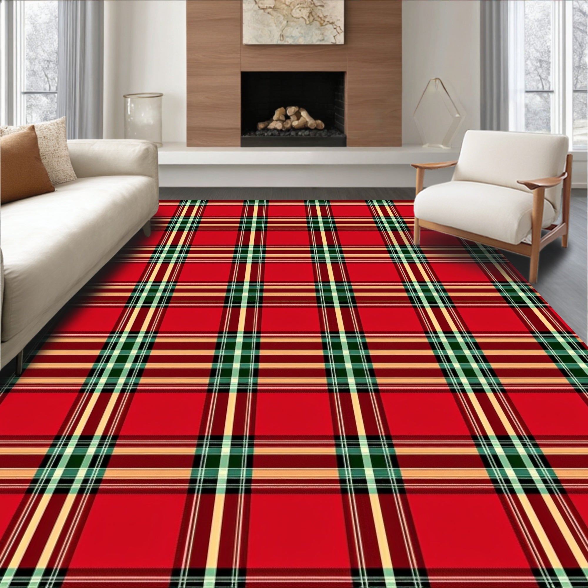 Classic Red Plaid Pattern Rug