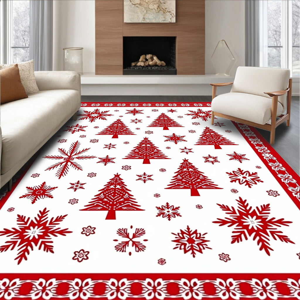 Red Snowflake and 3 Trees Pattern Rug
