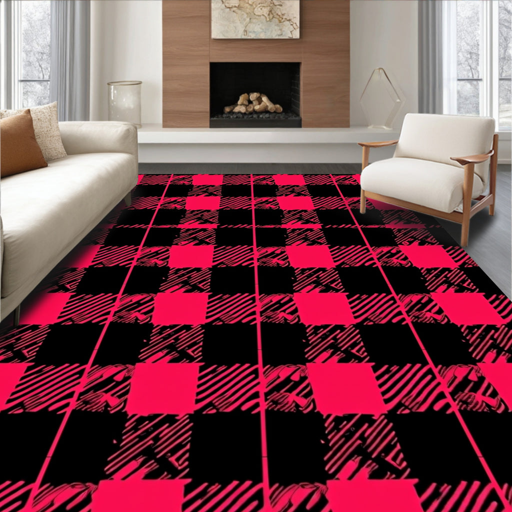 Bold Red Black Plaid Grunge Design Rug