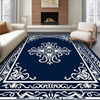 Elegant Ornate White Floral Dark Blue Rug