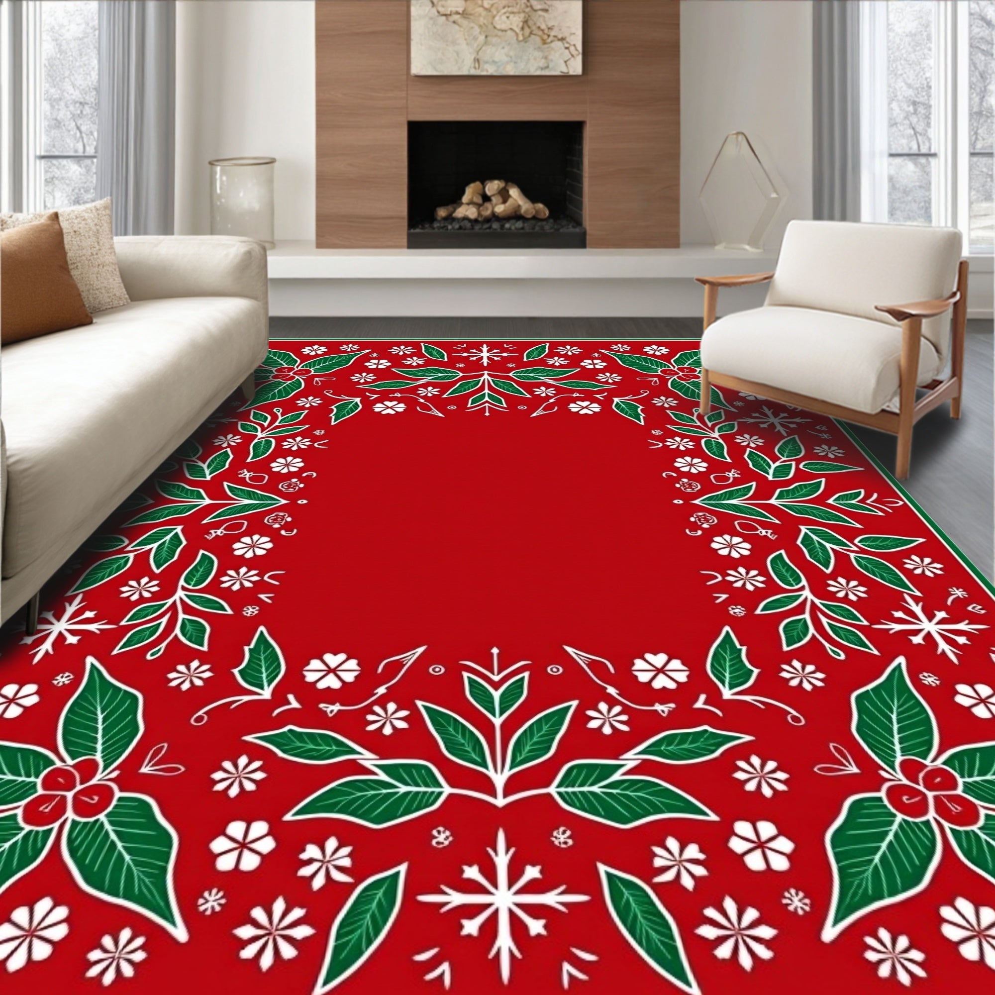Festive Holly Snowflake Border Design Rug
