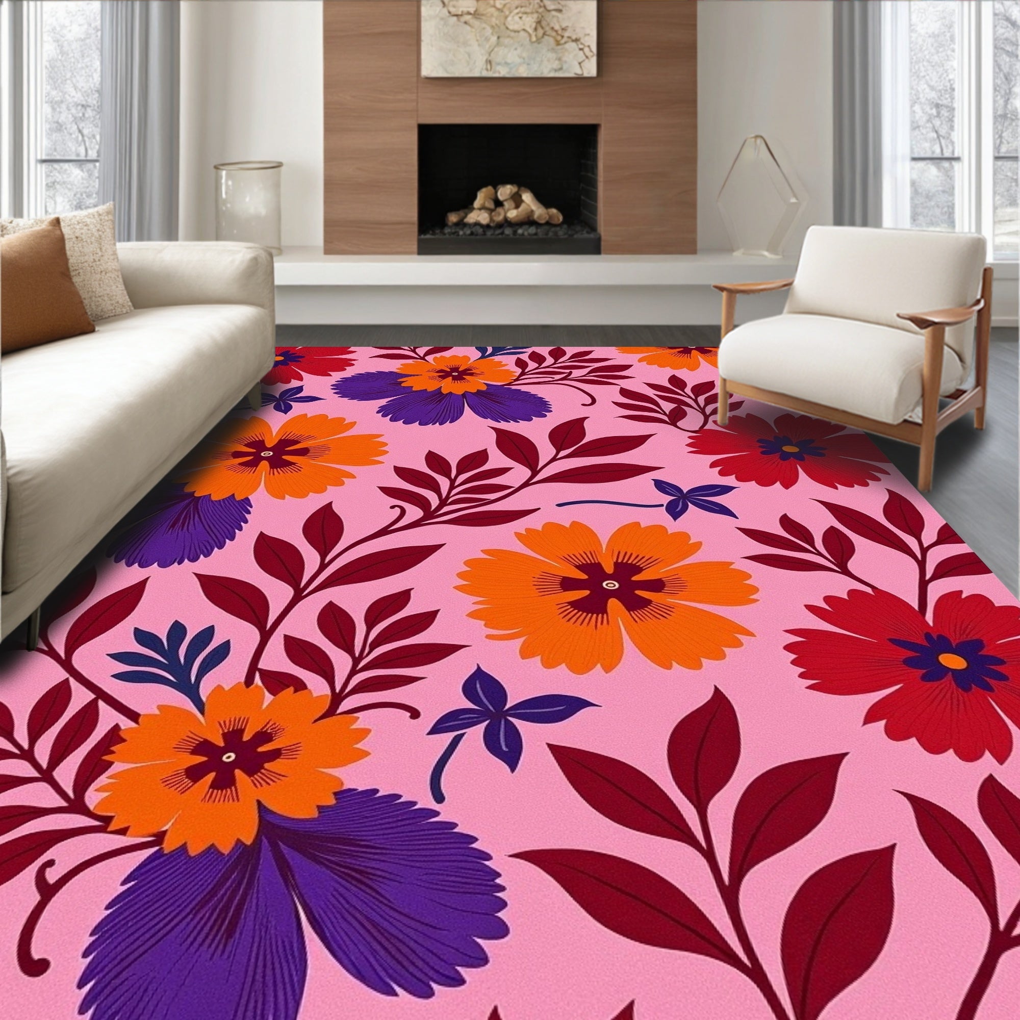 Bold Floral Meadow Pink Rug