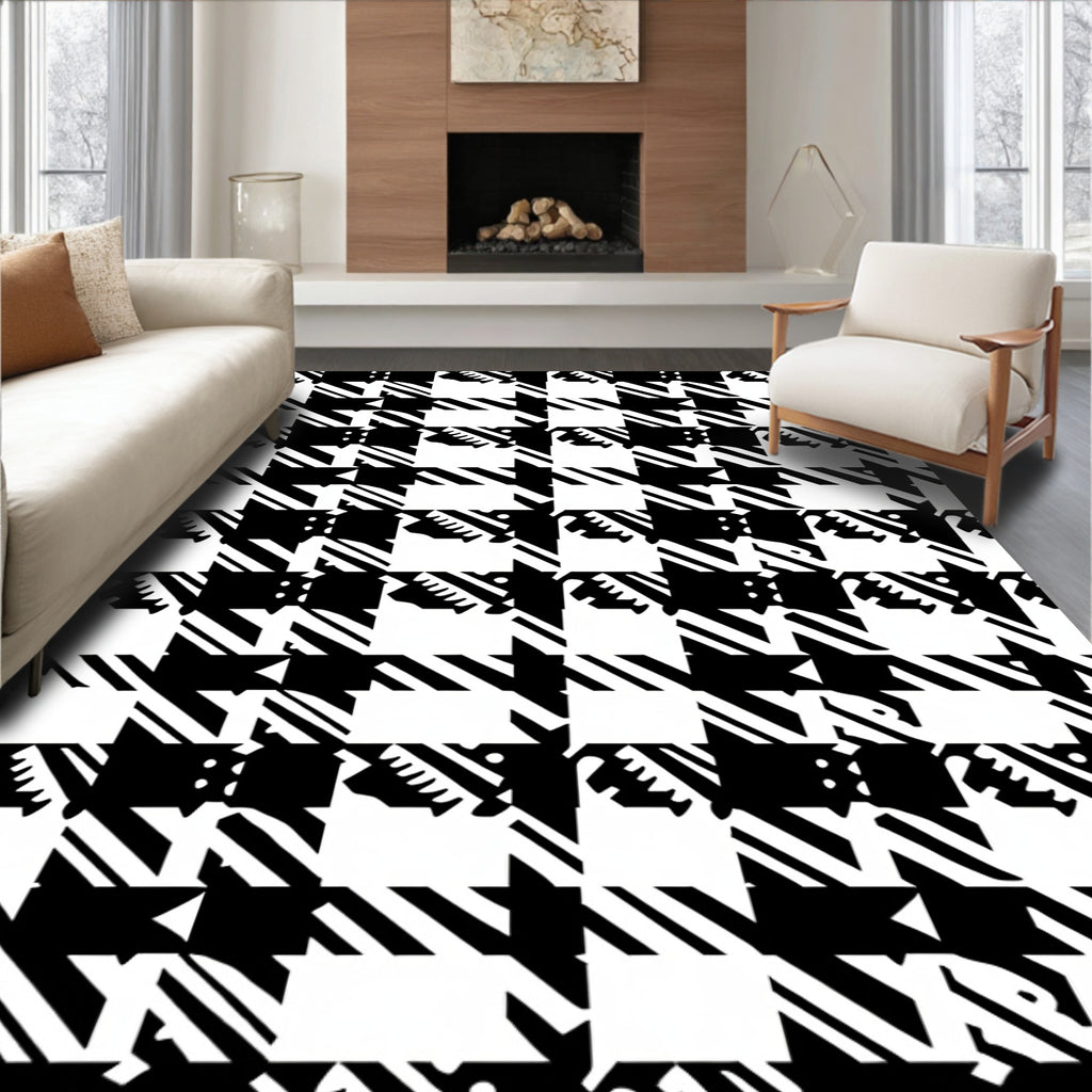 Bold Black White Houndstooth Pattern Rug