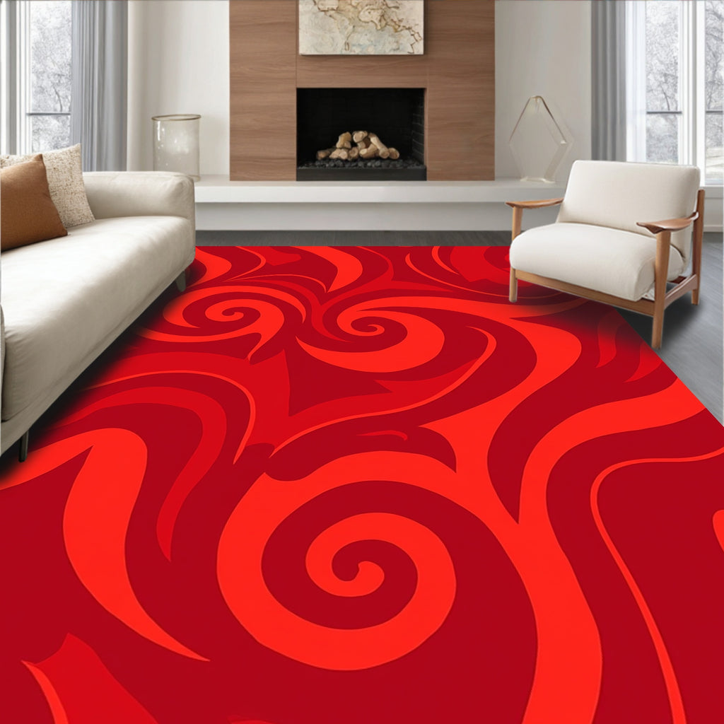 Vibrant Red Swirling Tribal Pattern Rug