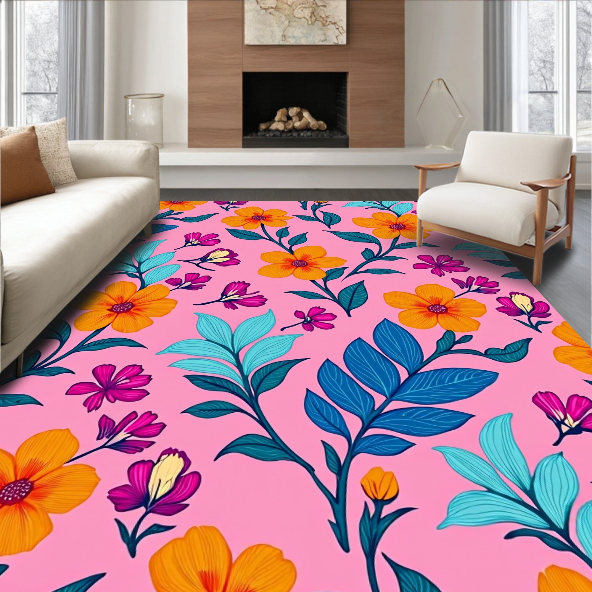Vibrant Coral And Teal Floral Branches Rug