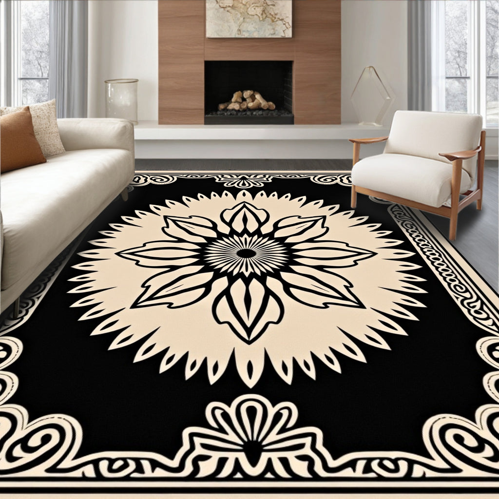 Black and Cream Floral Medallion Centerpiece Rug