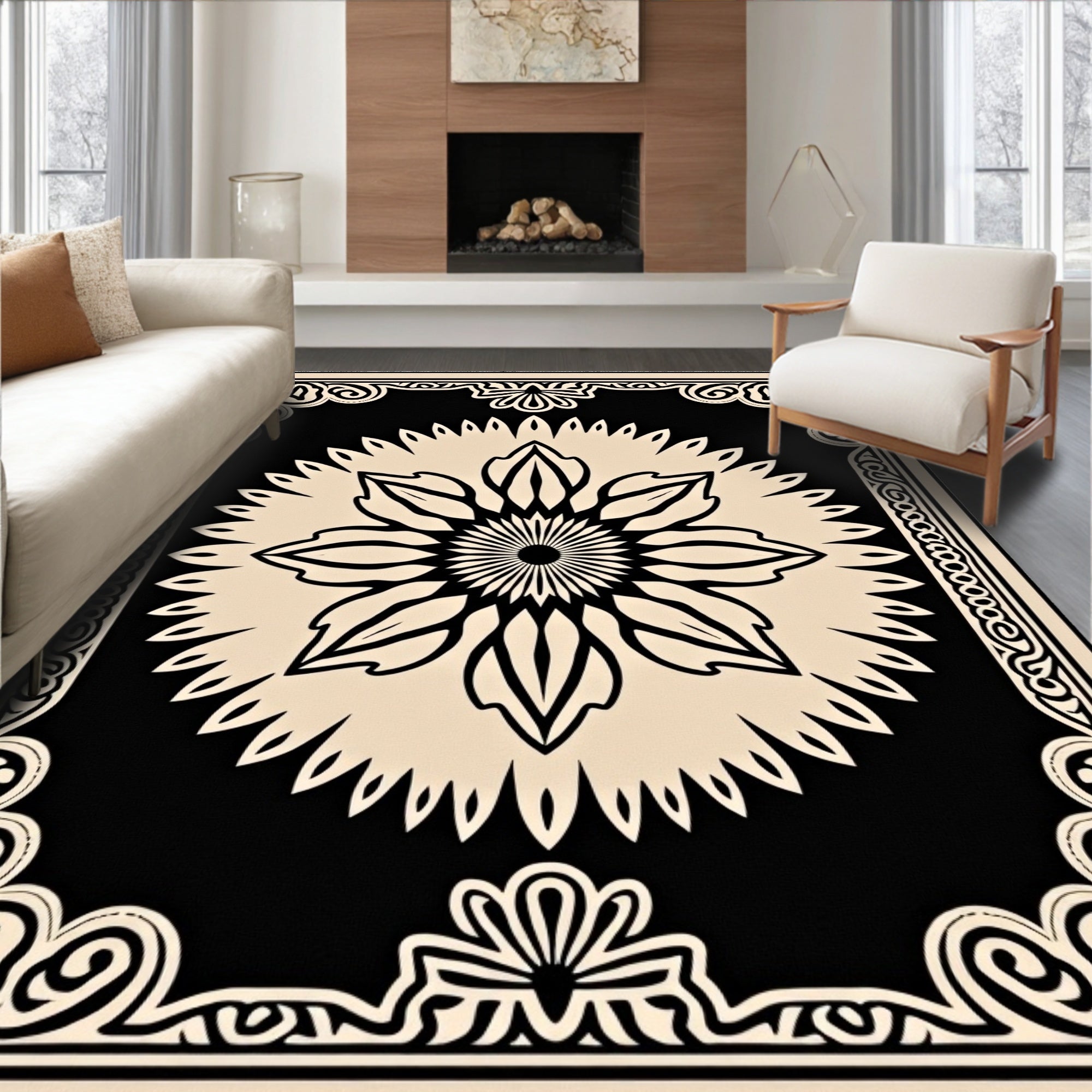 Black and Cream Floral Medallion Centerpiece Rug