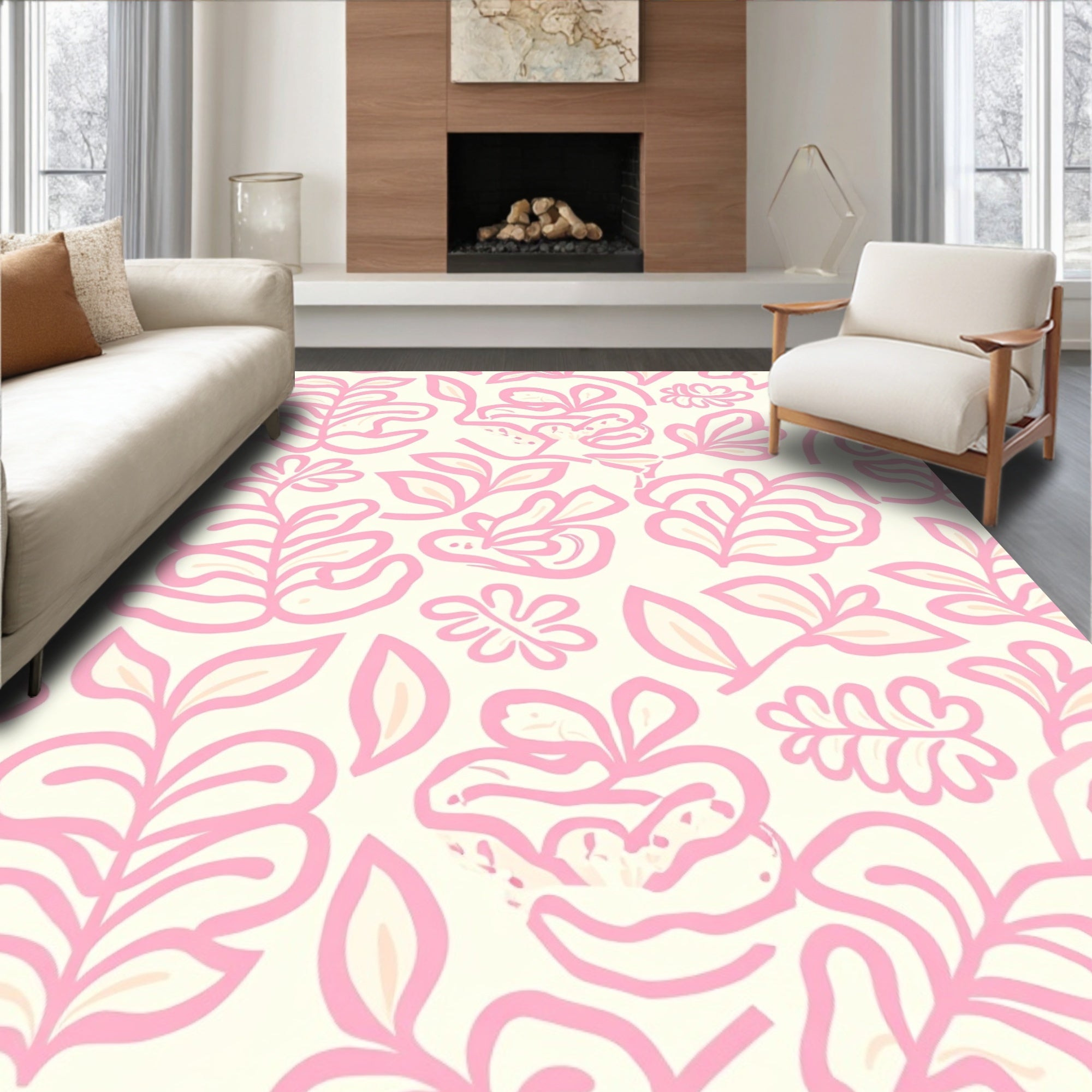 Pink Floral Abstract Leaf Pattern Rug