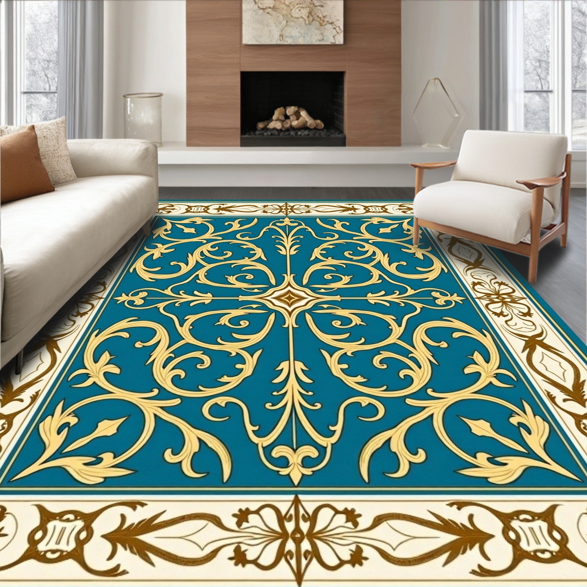 Ornate Teal Gold Floral Scroll Rug