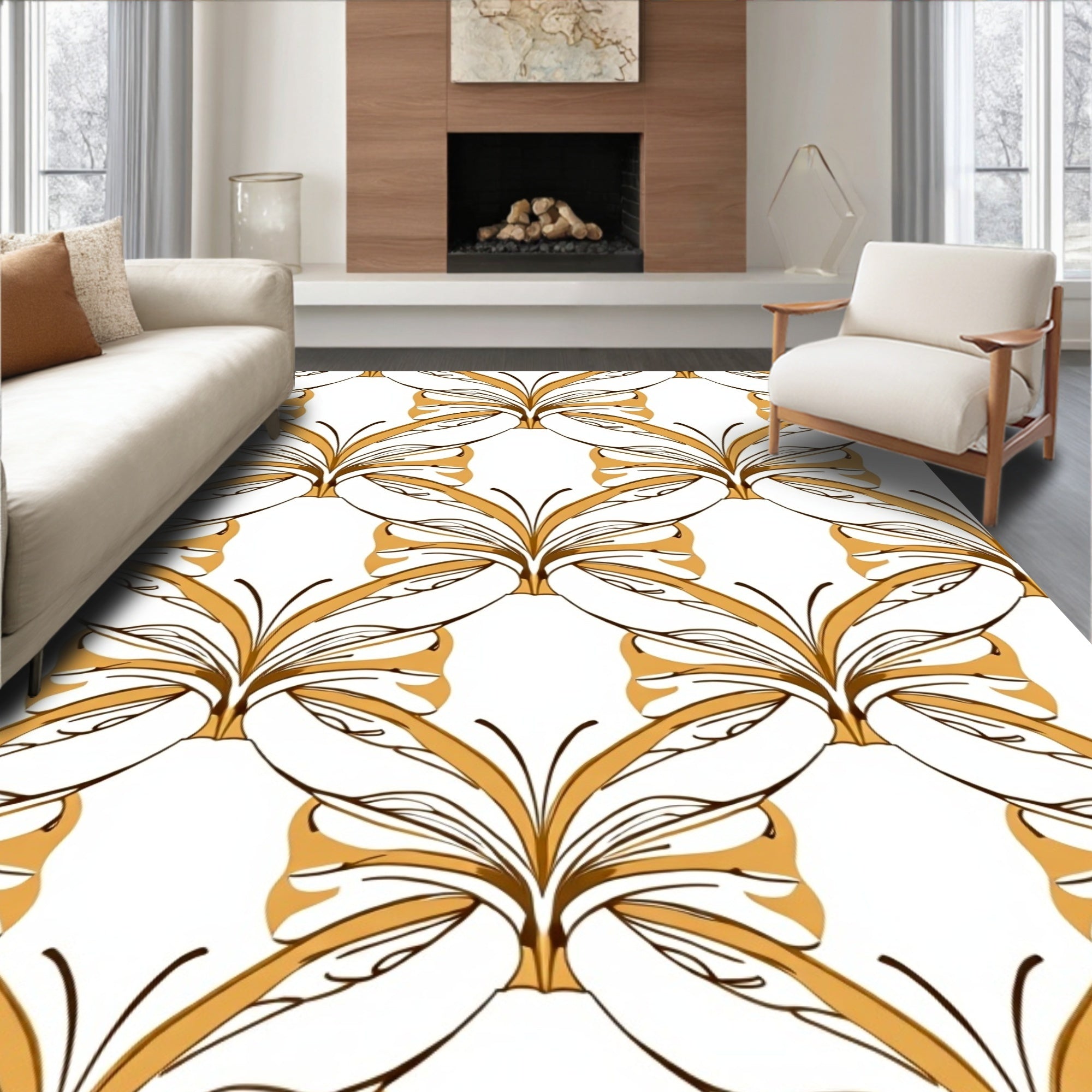 Gold Ochre Interlocking Floral Pattern Rug