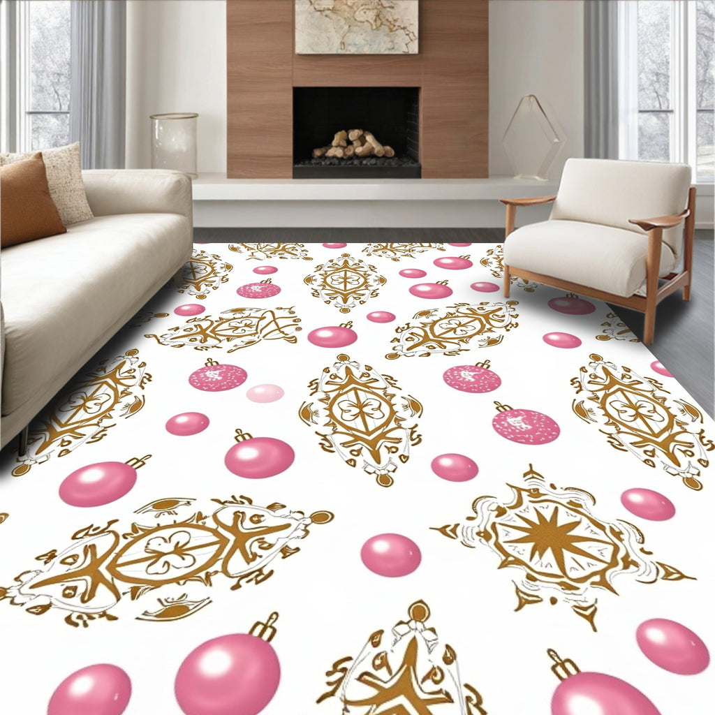 Gold Pink Ornate Holiday Ornaments Rug