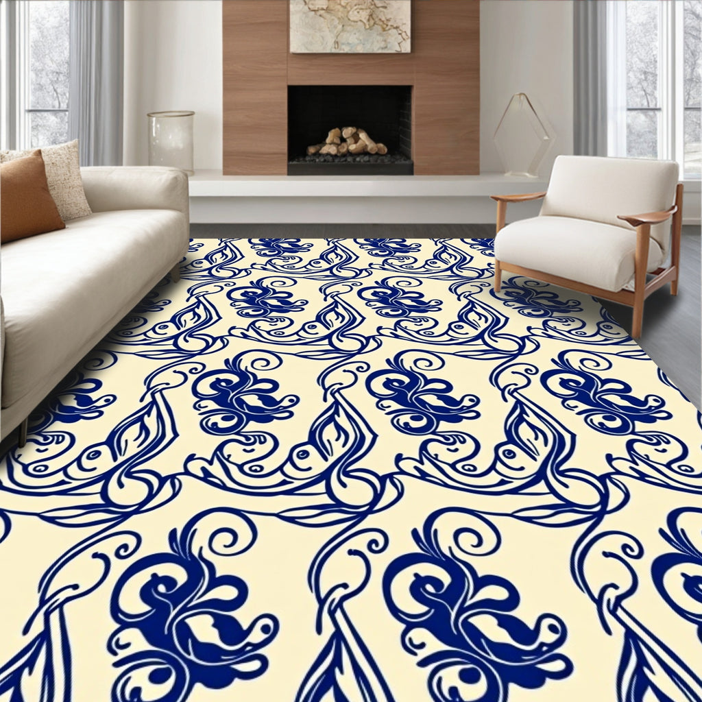 Classic Blue Swirl Botanical Pattern Rug