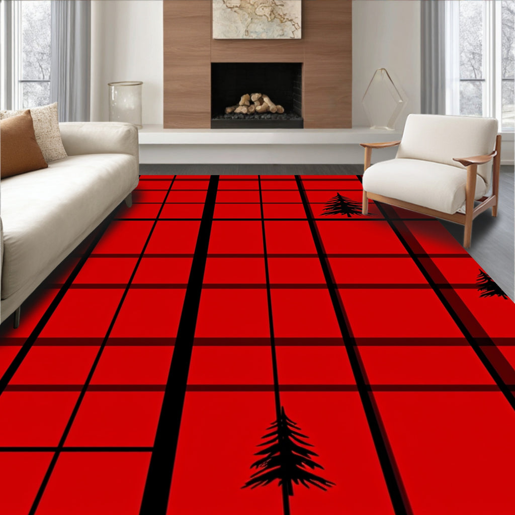 Red Plaid Pine Tree Pattern Rug