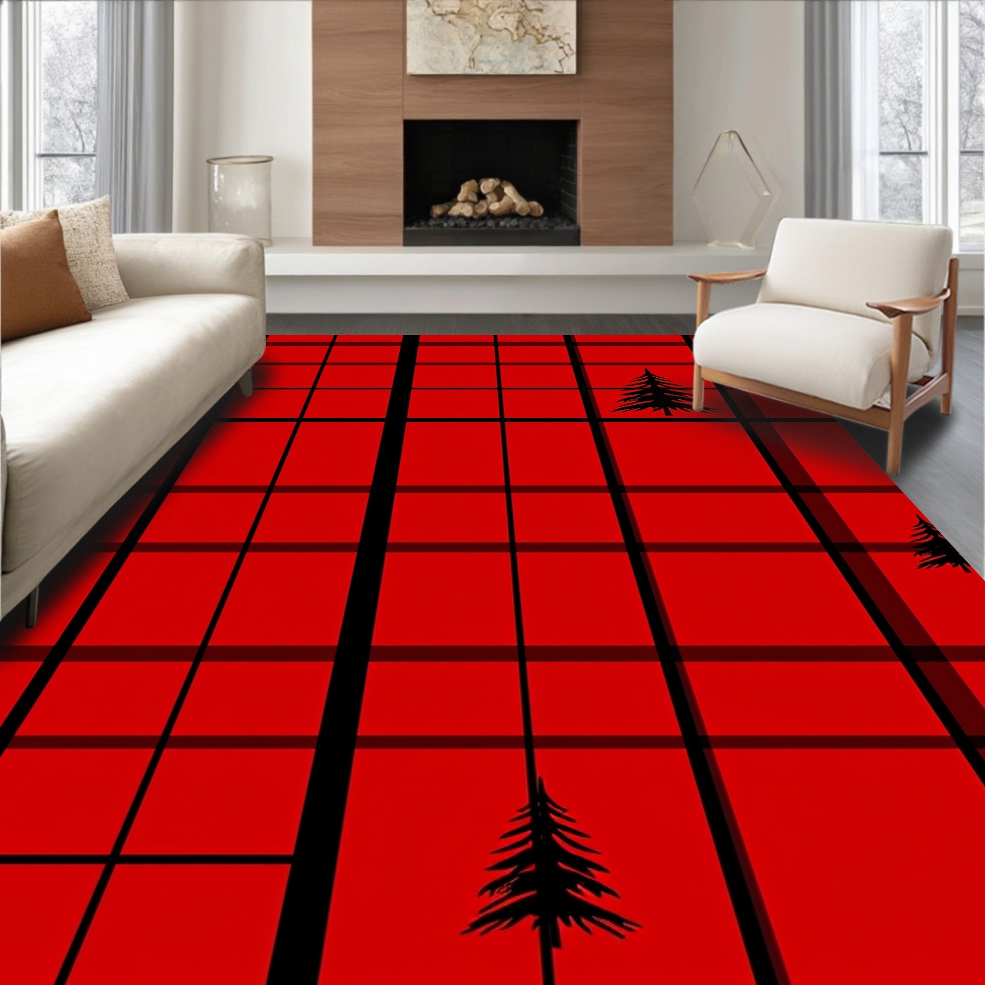 Red Plaid Pine Tree Pattern Rug
