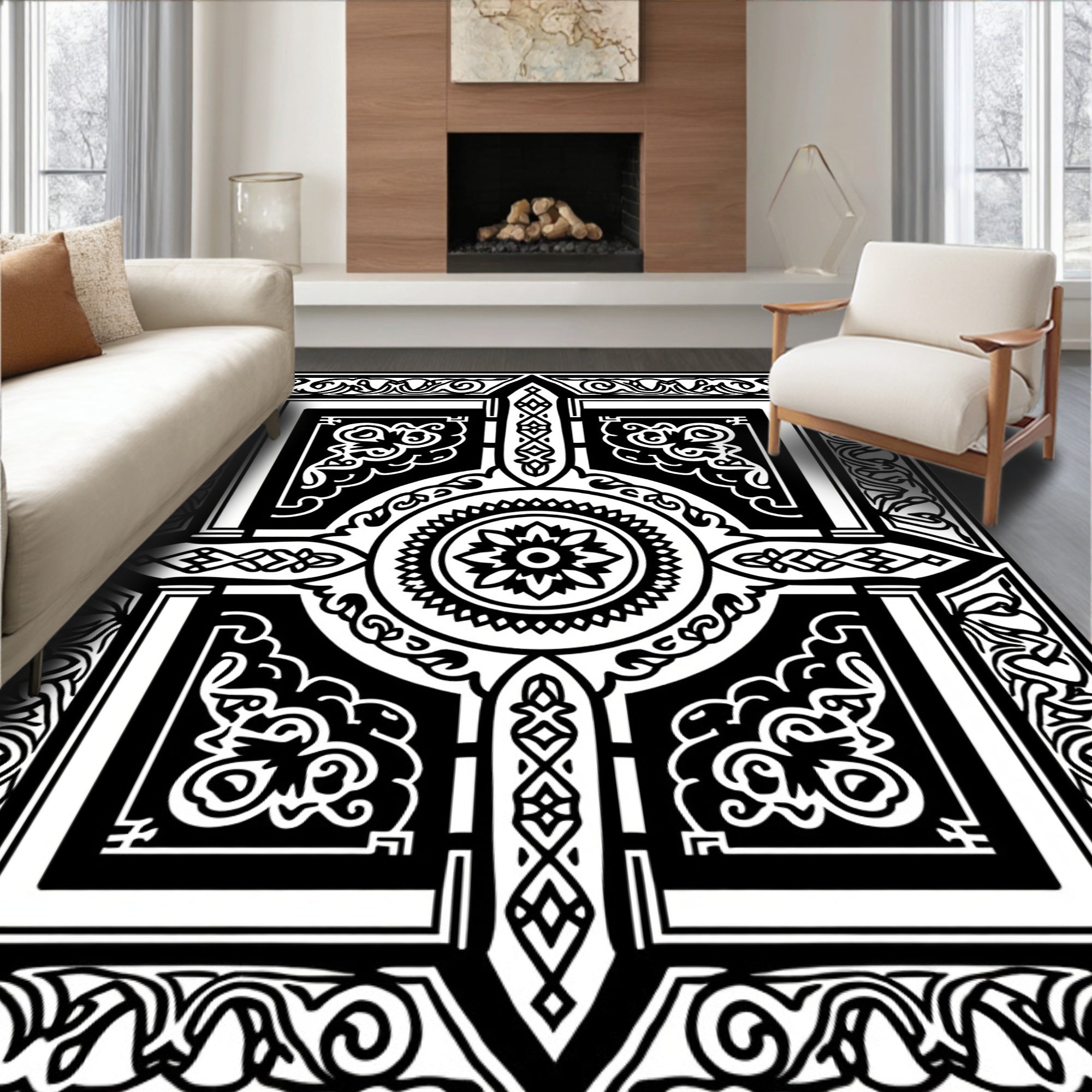 Black White Intricate Center Medallion Rug