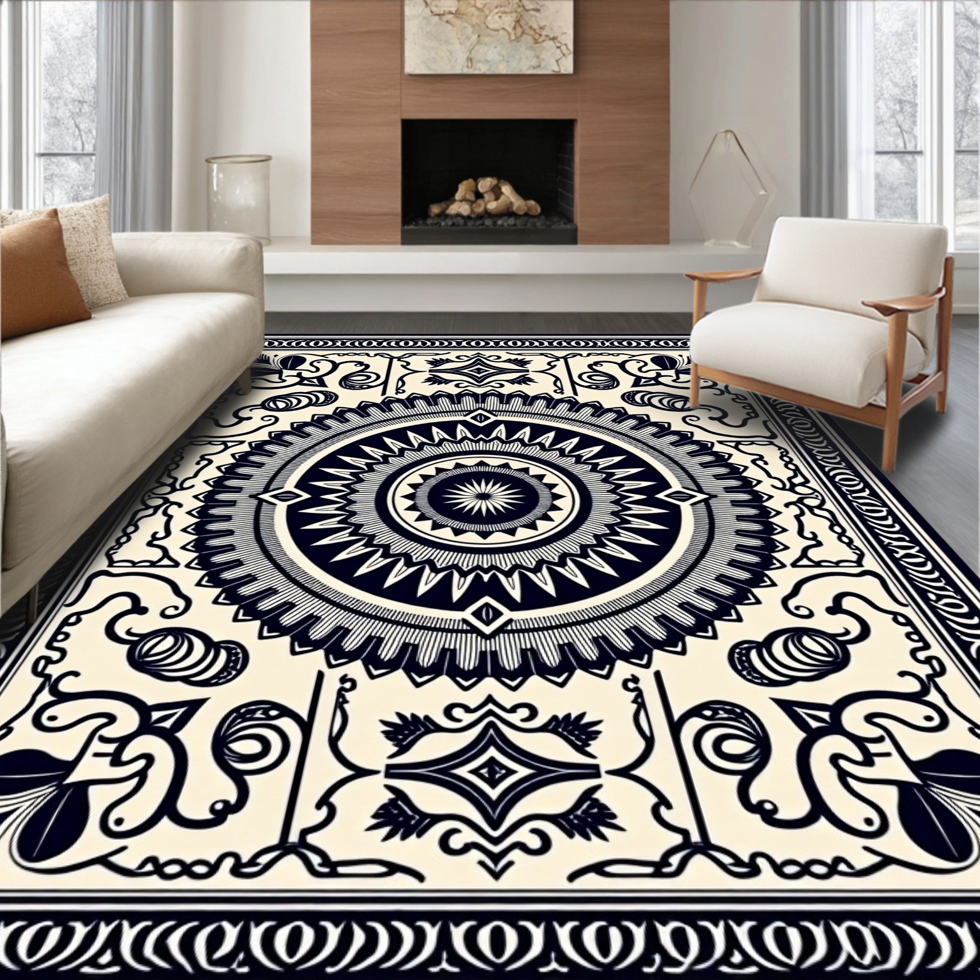 Intricate Circular Floral Border Design Rug