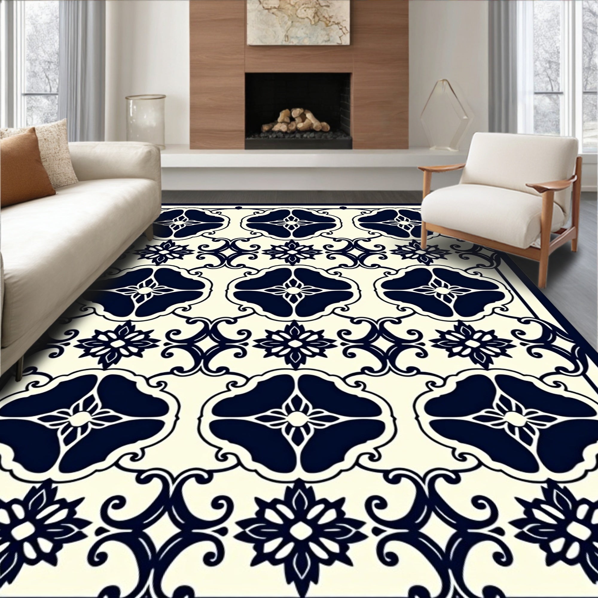 NavyFloral Scrollwork Pattern Rug