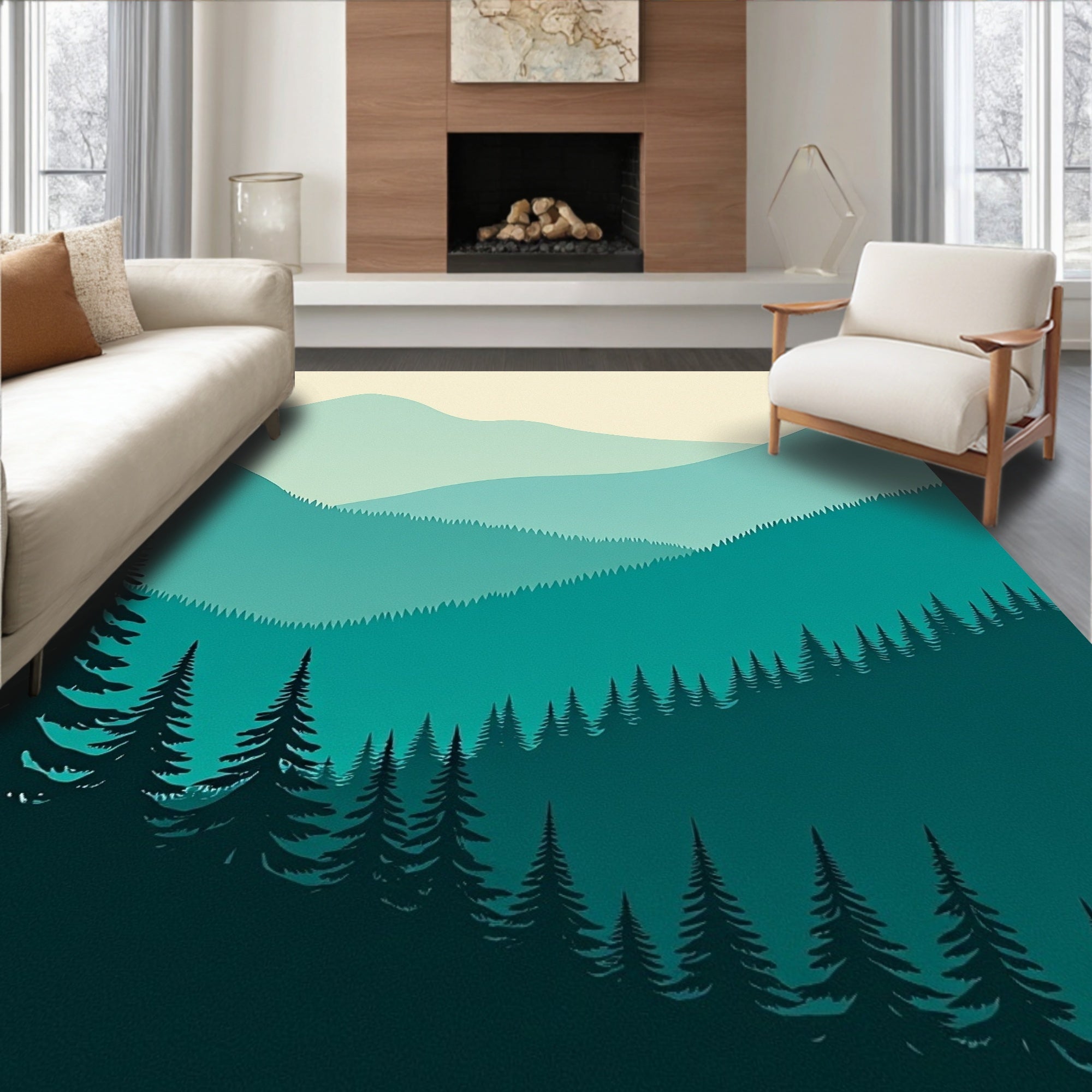Layered Mountain Forest Landscape Rug