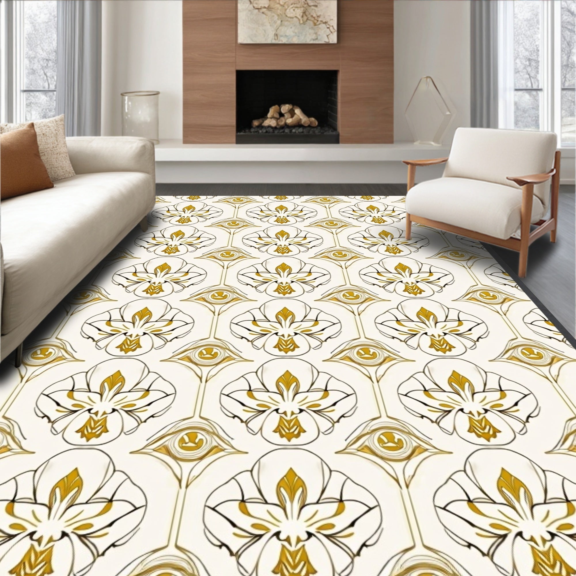 Ornate Gold Floral Eye Pattern Rug
