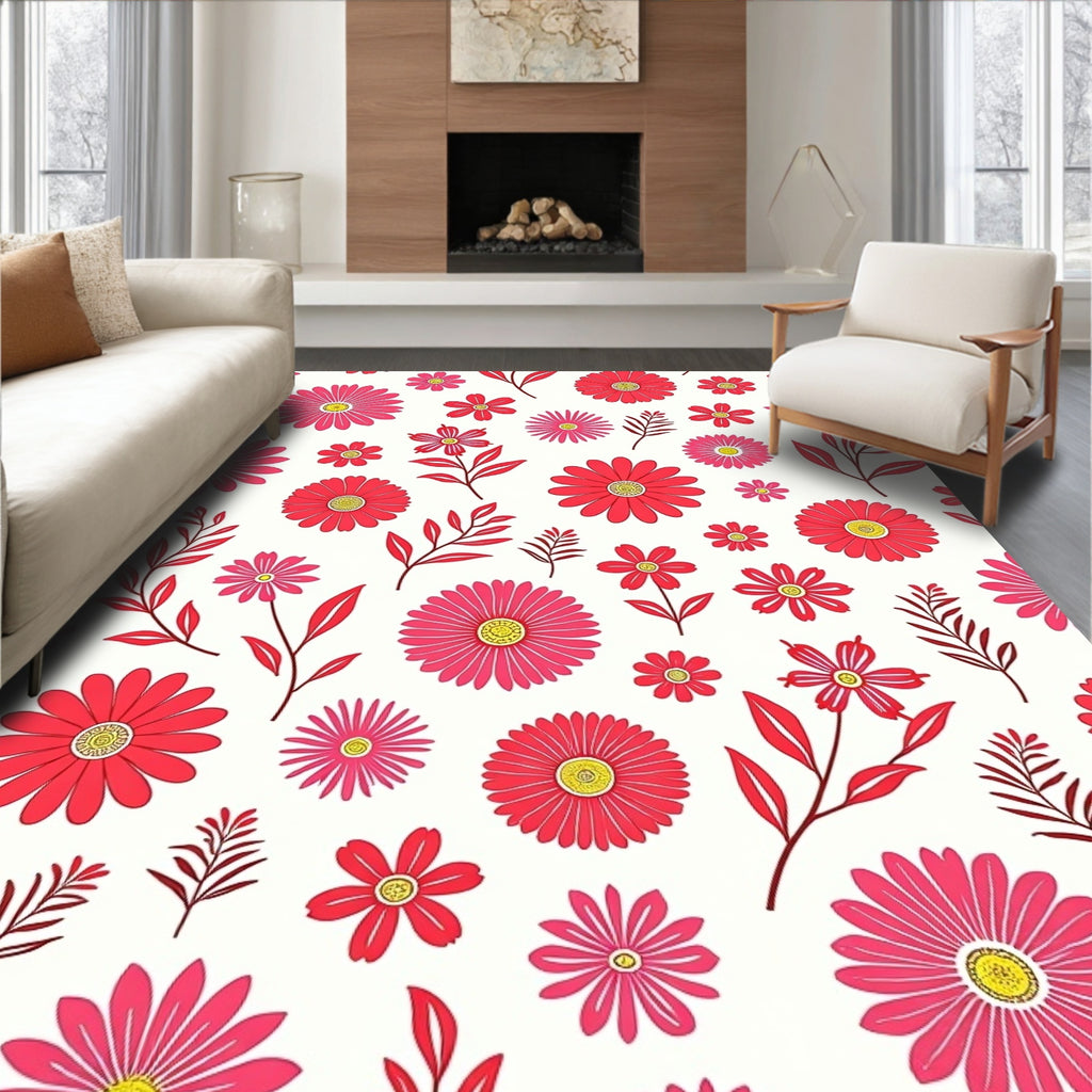 Vibrant Pink Daisy Scatter Pattern Rug