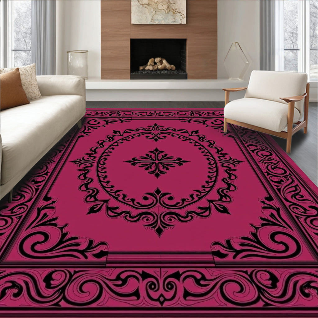 Elegant Black Scrollwork Medallion Design Rug