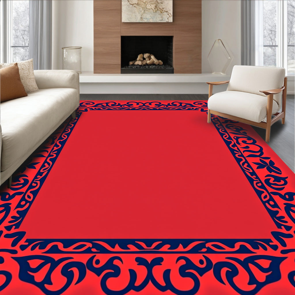 Ornate Red And Blue Floral Border Design Rug