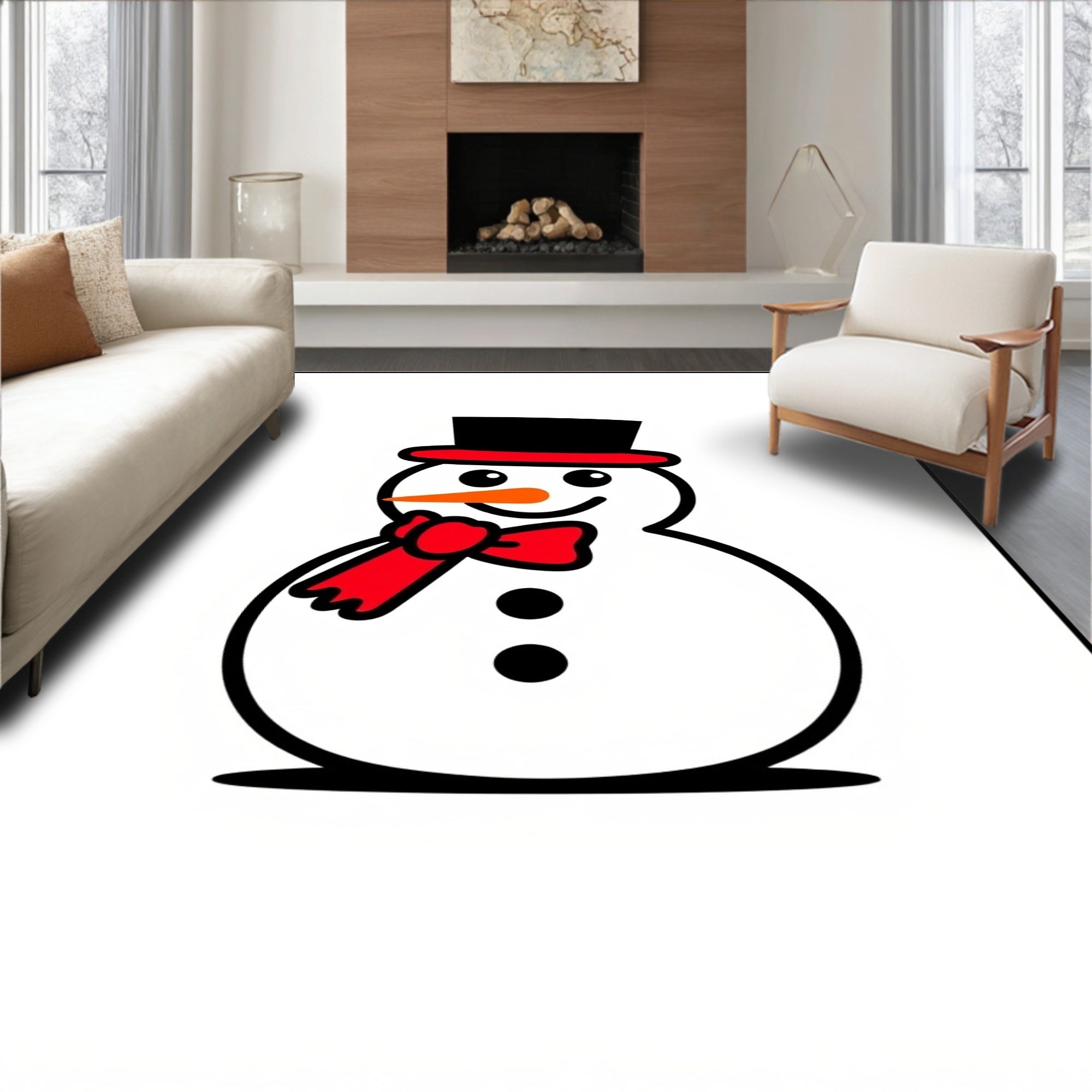 Joyful Snowman Red Hat Black Bowtie Rug