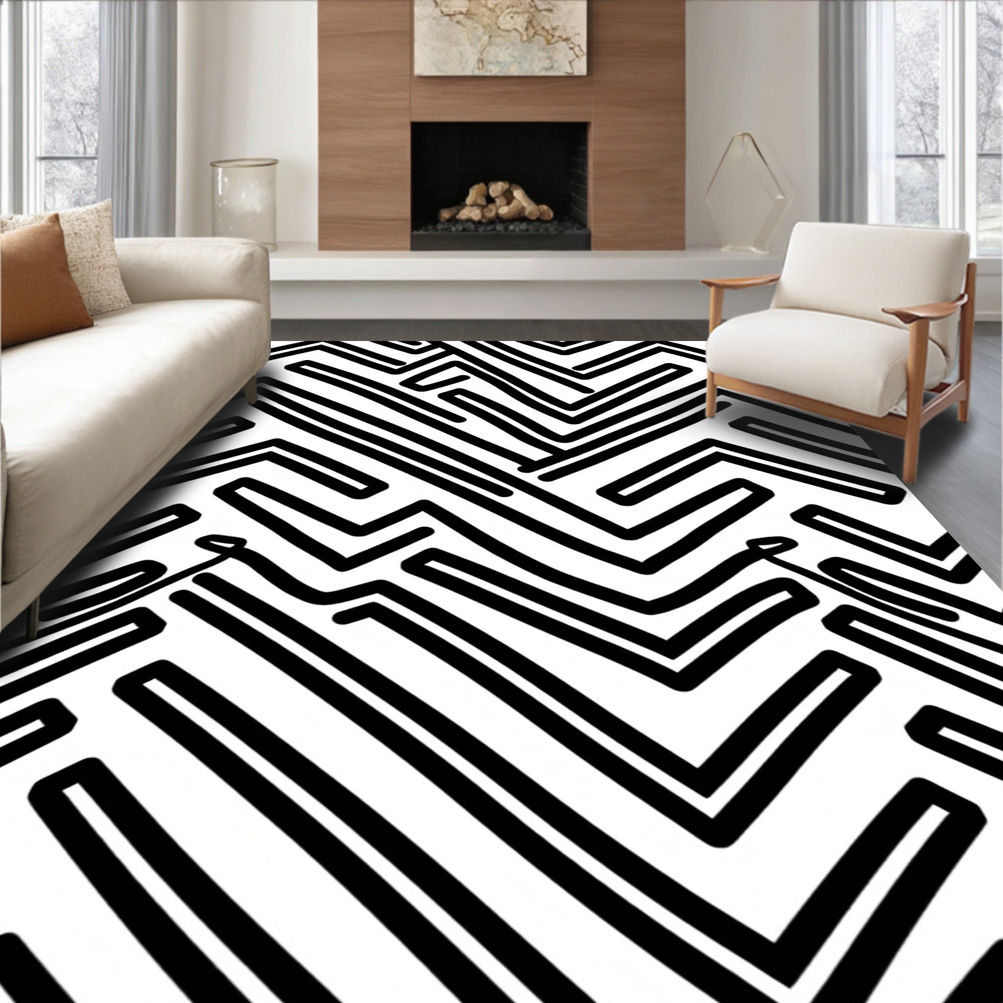Abstract Black White Maze Pattern Rug