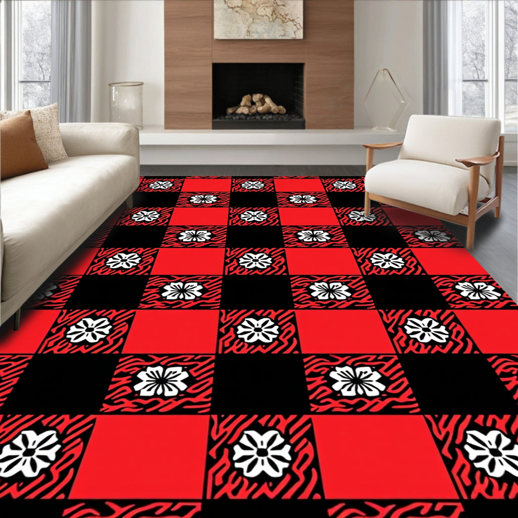 Red Black Floral Checkered Pattern Rug