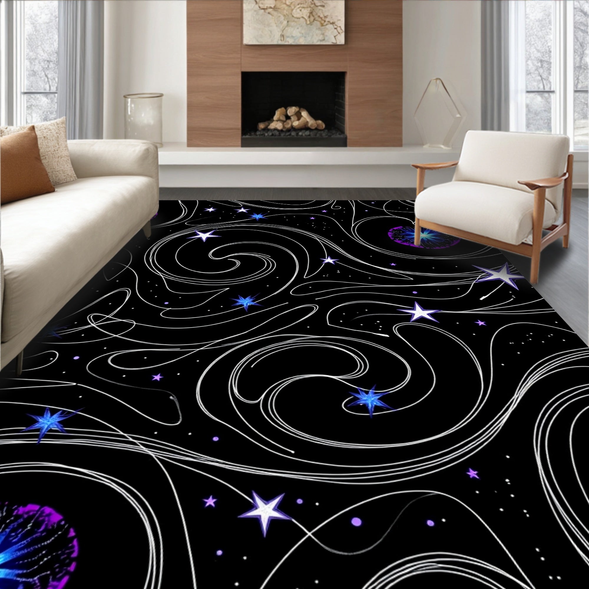 Cosmic White Swirls Blue Starburst Rug